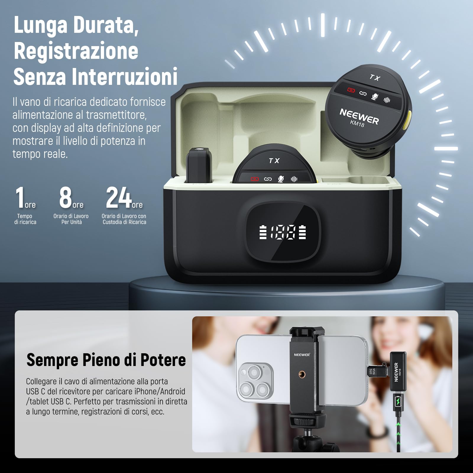 NEEWER Microfono Lavalier Wireless per iPhone, Anti Rumore, Mini Mic a Bavero con USB C/OTG/Custodia di Ricarica Batteria 24h per Video Vlog Compatibile con iPhone 16 15 Android Phone PC Laptop, KM18
