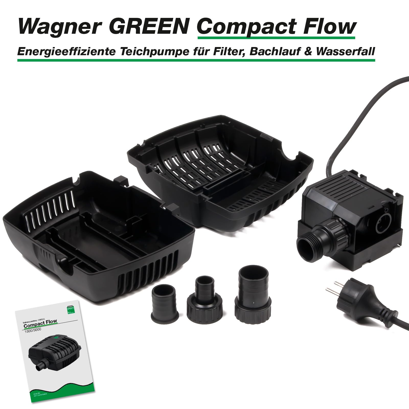 Wagner GREEN Compact Flow 1500 Teichpumpe – 1.500 l/h, 25 Watt – Stromsparende Filterpumpe für Gartenteich, Bachlauf & Wasserfall – Leise Teichpumpe