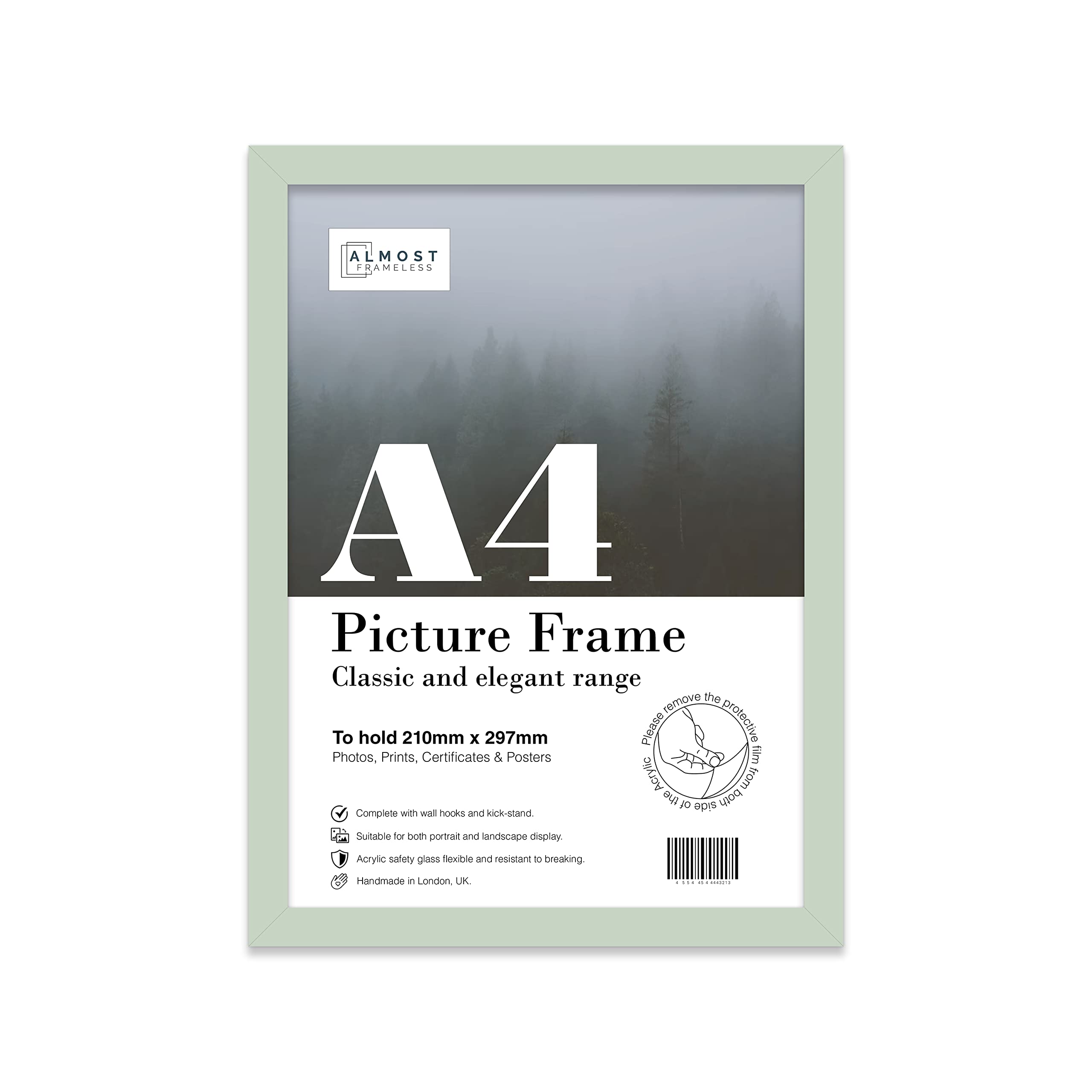 Almost Frameless A4 Mint Green Picture Frame Fits A4 (21 x 29.7cm - 8.3 x 11.7in) Poster, Photo, Artwork, or Print. Thin Edge Slim Frame Portrait and Landscape Display with Wall Hooks