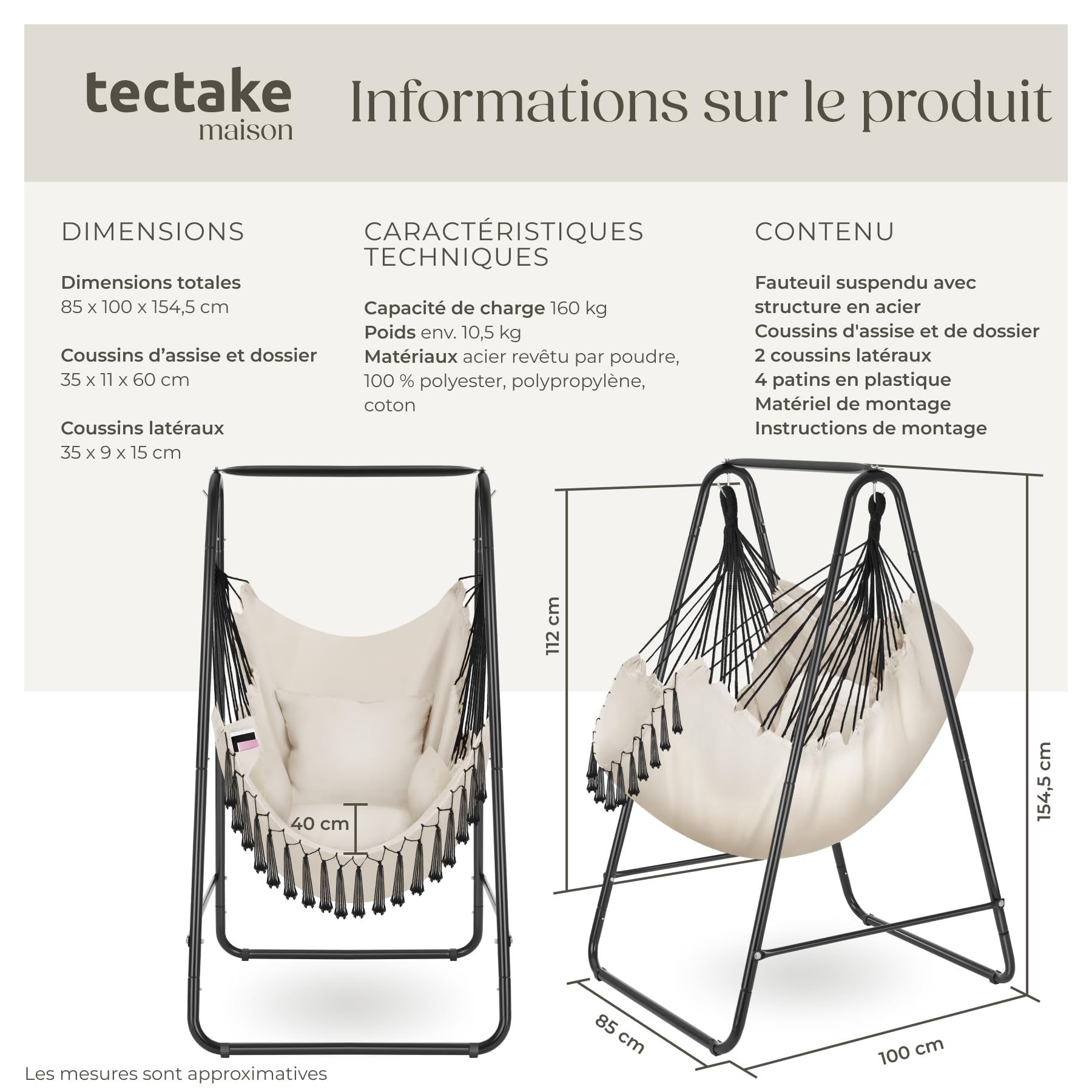 tectake® Fauteuil Suspendu Hamac Intérieur & extérieur avec Structure, Fauteuil Relax, Fauteuil de Lecture 1 Place Balancelle, Fauteuil Salon, Coussin Chaise Inclus Decoration Salon cocooning