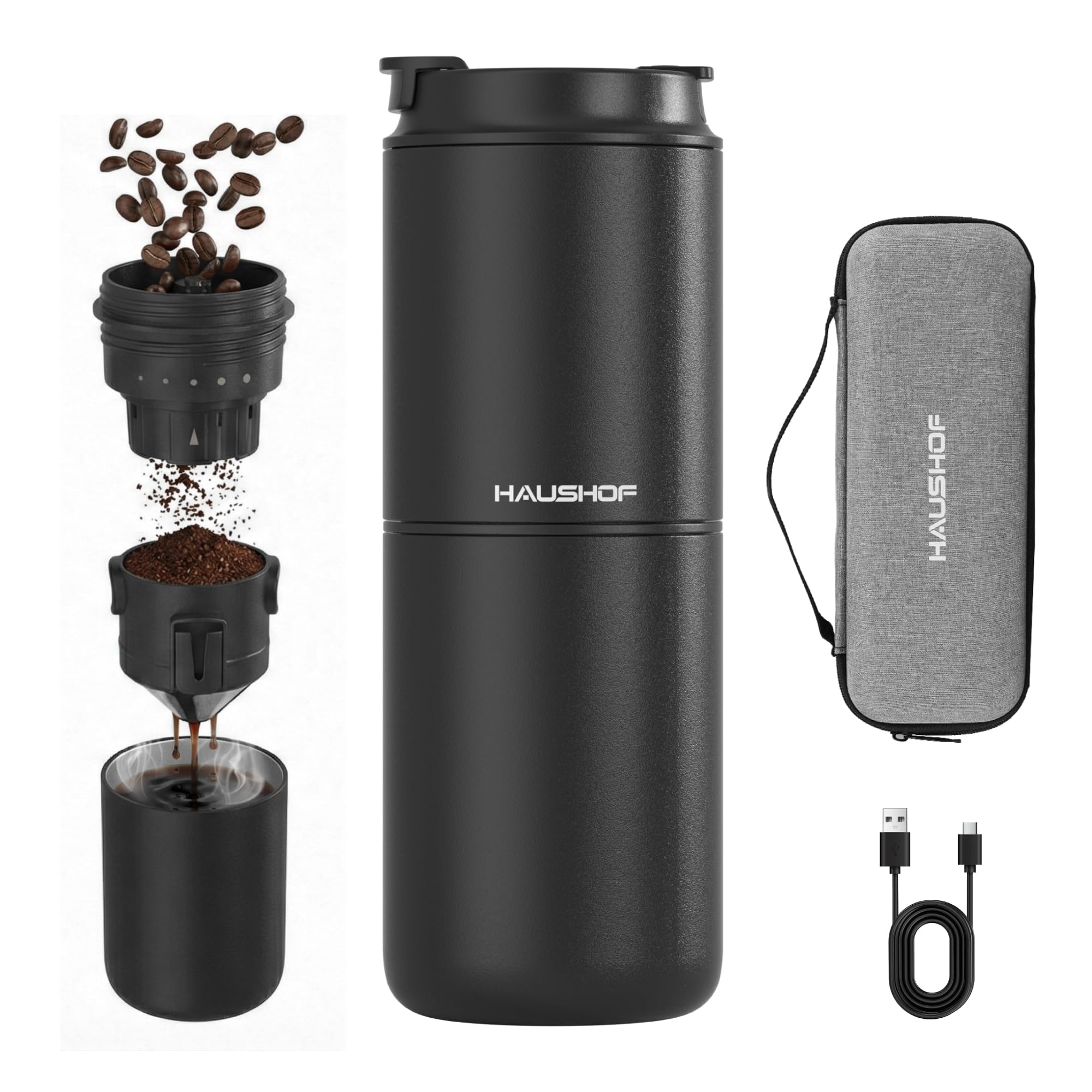 HAUSHOF Molinillo de Café Eléctrico Portátil Inalámbrico con Taza Térmica Doble 700ml, 5 Niveles de Molienda Ajustable, Cafetera Vertido Todo en Uno para Camping, Outdoor Viaje, RV y Oficina