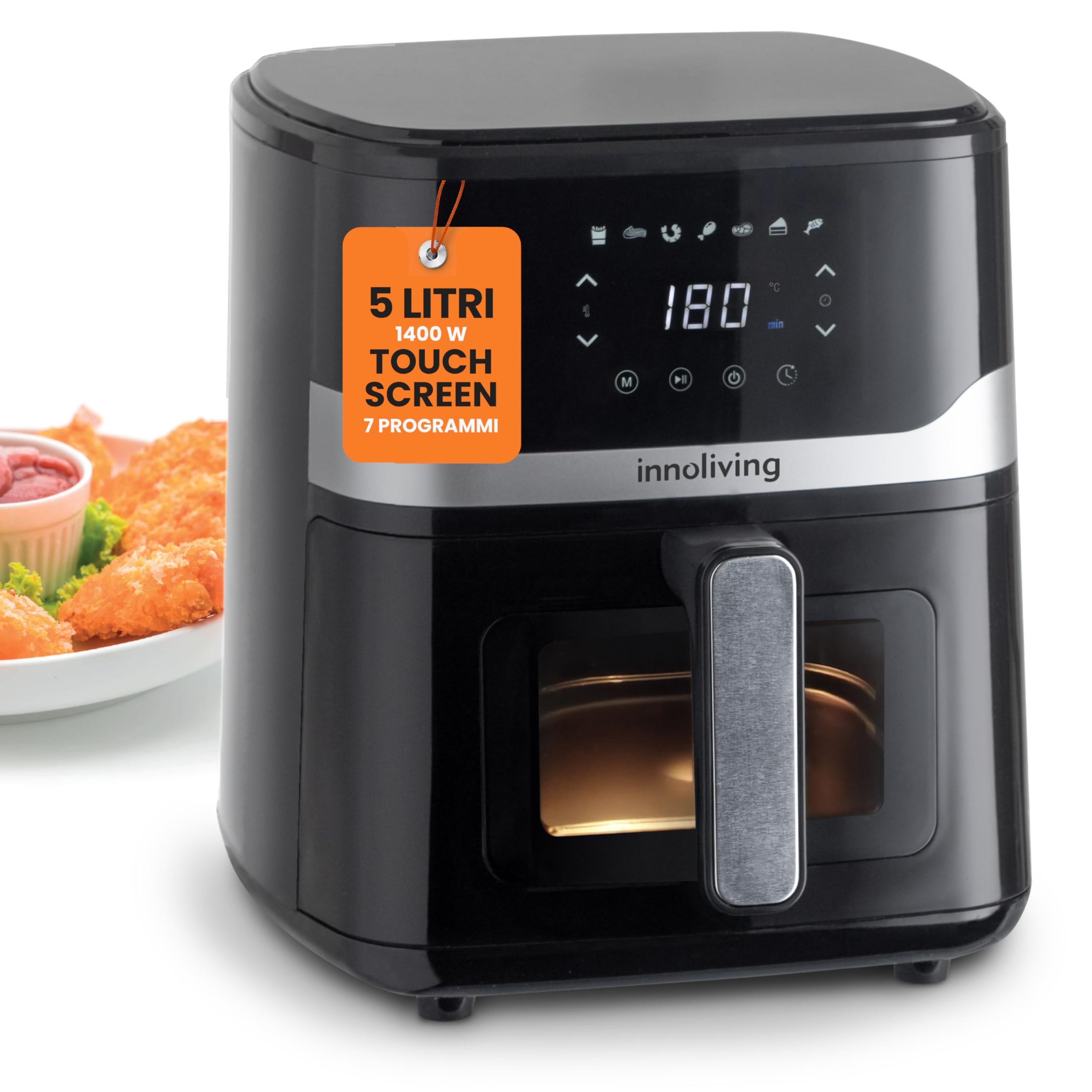 Innoliving Friggitrice ad Aria 5 Litri INN-890 con Pannello Digitale Touch, 7 Programmi Preimpostati, Finestra di Controllo e Luce Interna, Timer e Regolazione della Temperatura, Potenza 1400W