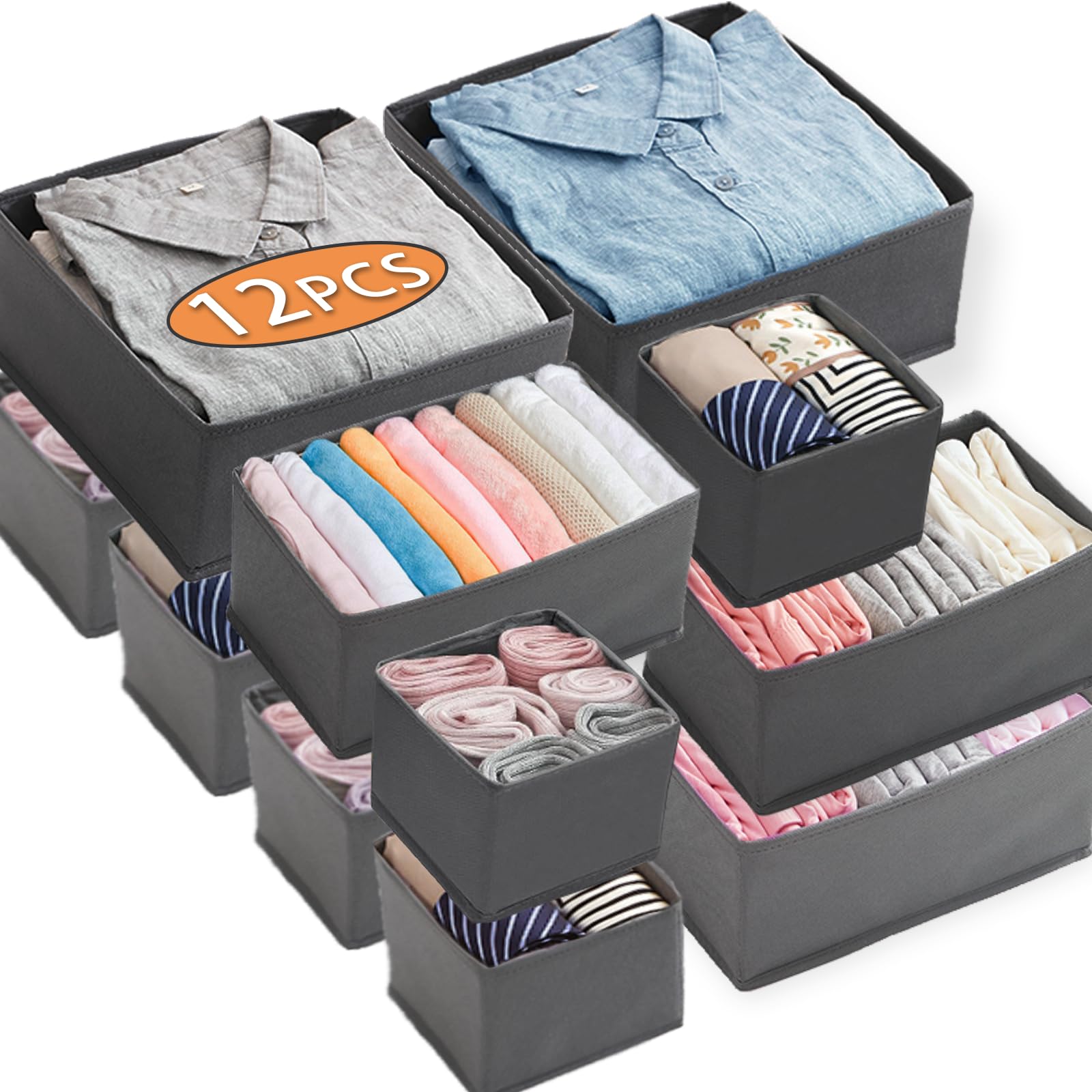 Juego de 12 Organizador Armario Ropa, Almacenaje Plegables de Tela, Organizador Ropa de Tela Cajas, Organizador Ropa Interior para Almacenar Ropa, Calcetines, Ropa Interior,Corbatas, Gris