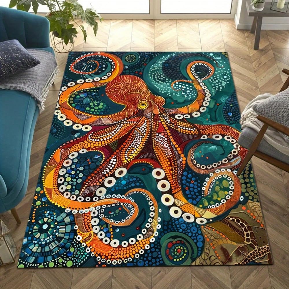 Bycmuoz Deep Sea Octopus Living Room Rug, 180x230cm, Retro Mosaic Octopus Design Home Decor Carpet, Low-Pile Soft Non-Shedding Bathroom Carpets, Reduce Noise Washable Mats for Family Bedside