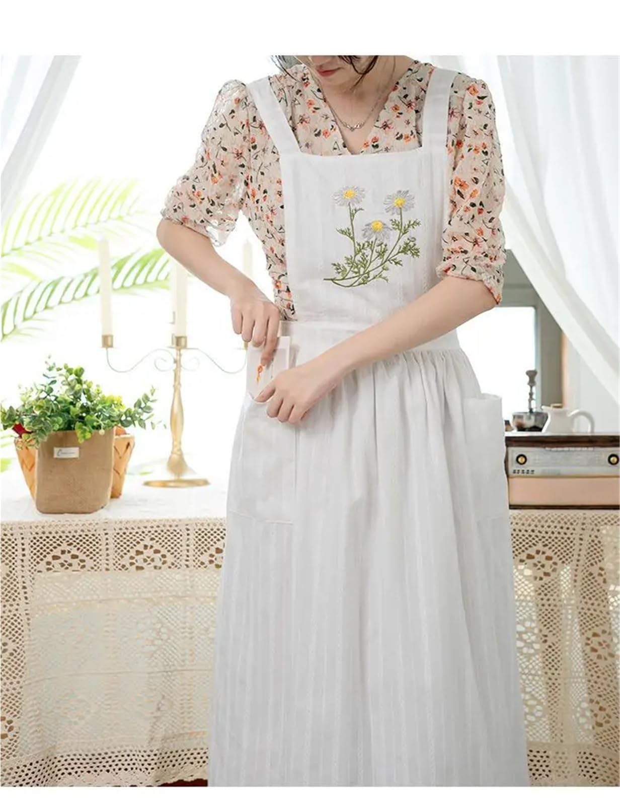 Delantales de verano estilo pastoral retro algodón fino jacquard for mujer, for hornear, for vestido, floristería, jardín, fiesta té