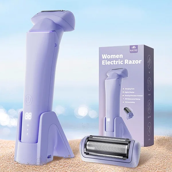krofaue Women Electric Shaver - Cordless Waterproof Body Foil Shavers, Dry & Wet Electric Razors for Women with LED Display USB Charge Dock Purple Electric Shaver for Women