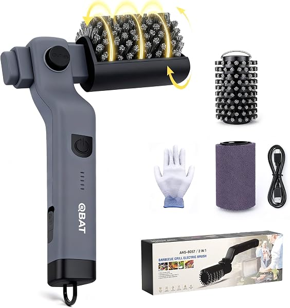Elektrische Grillbürste Akkubetrieben – 180° Verstellbarer Kopf, 3-Stufen-Motor, 90 Min Laufzeit, Wasserdicht, Edelstahl & Nylon Bürstenköpfe für Grillrost, Smoker, Grillplatte (Grau) - 1
