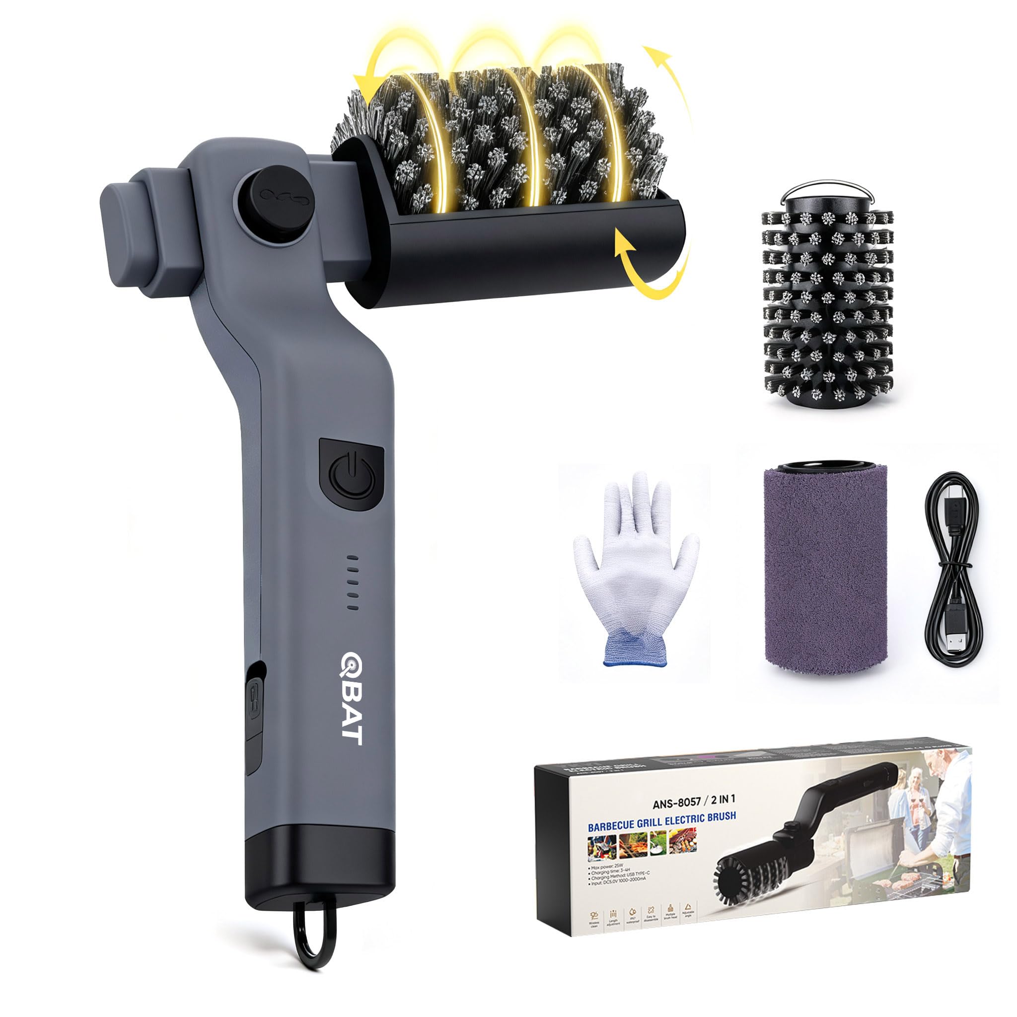 Cepillo eléctrico para barbacoa con batería – Cabezal ajustable 180°, motor de 3 velocidades, 90 min de duración, resistente al agua, cabezales de cepillo de acero inoxidable y nylon para parrilla
