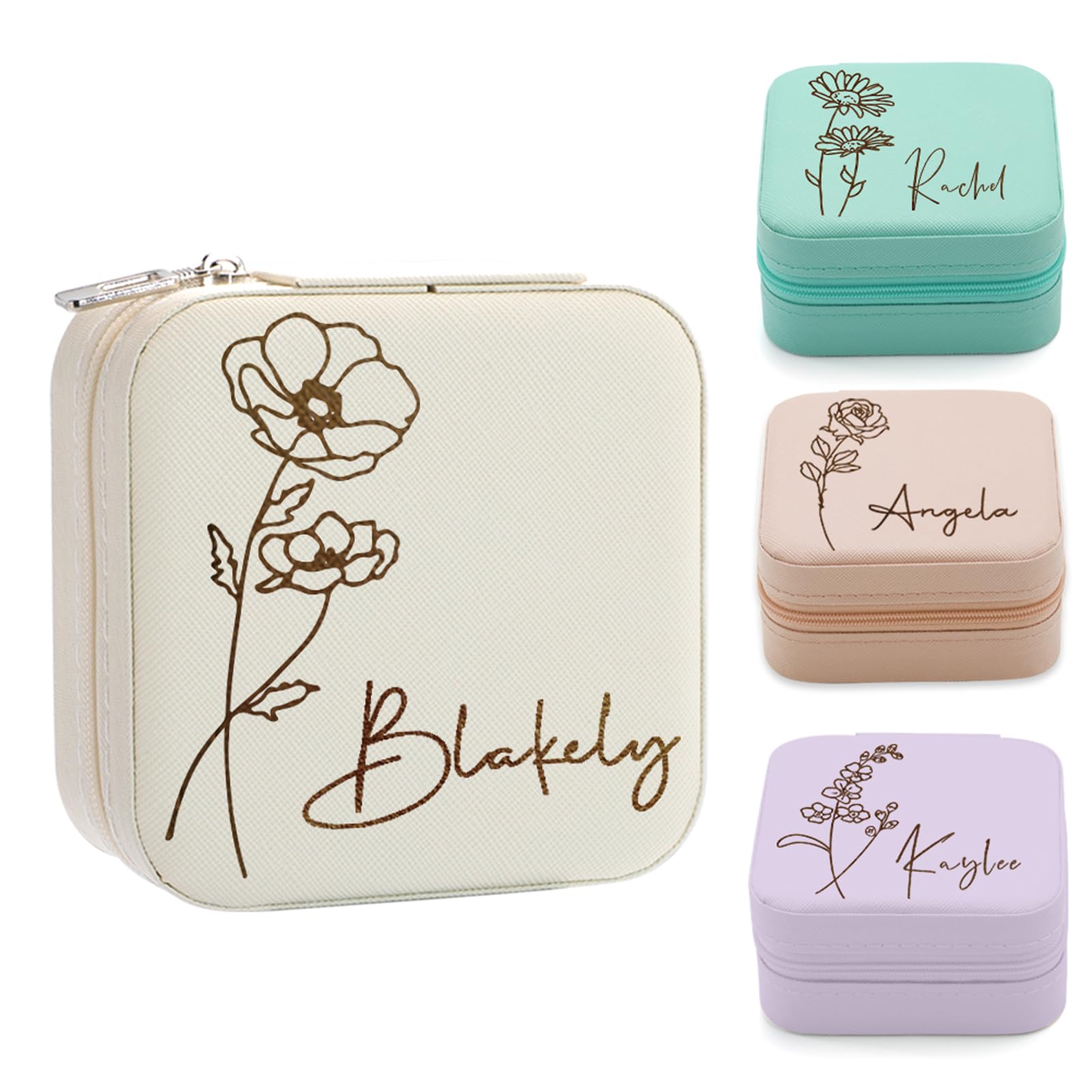 Yofair Personalized Jewelry Box with Birth Flower Bridesmaid Gifts Custom Leather Travel Jewelry Case Ring Box Christmas Birthday