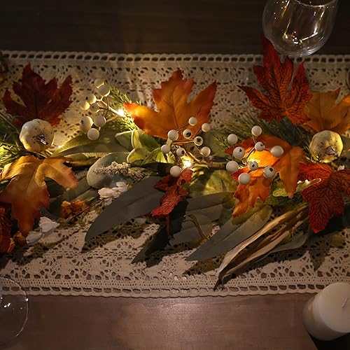 Miniatura 8 de Guirnalda de otoño realista para manto, guirnalda de hojas de arce de otoño de 6 pies con lucestemporizador, guirnalda de calabaza para Acción de
