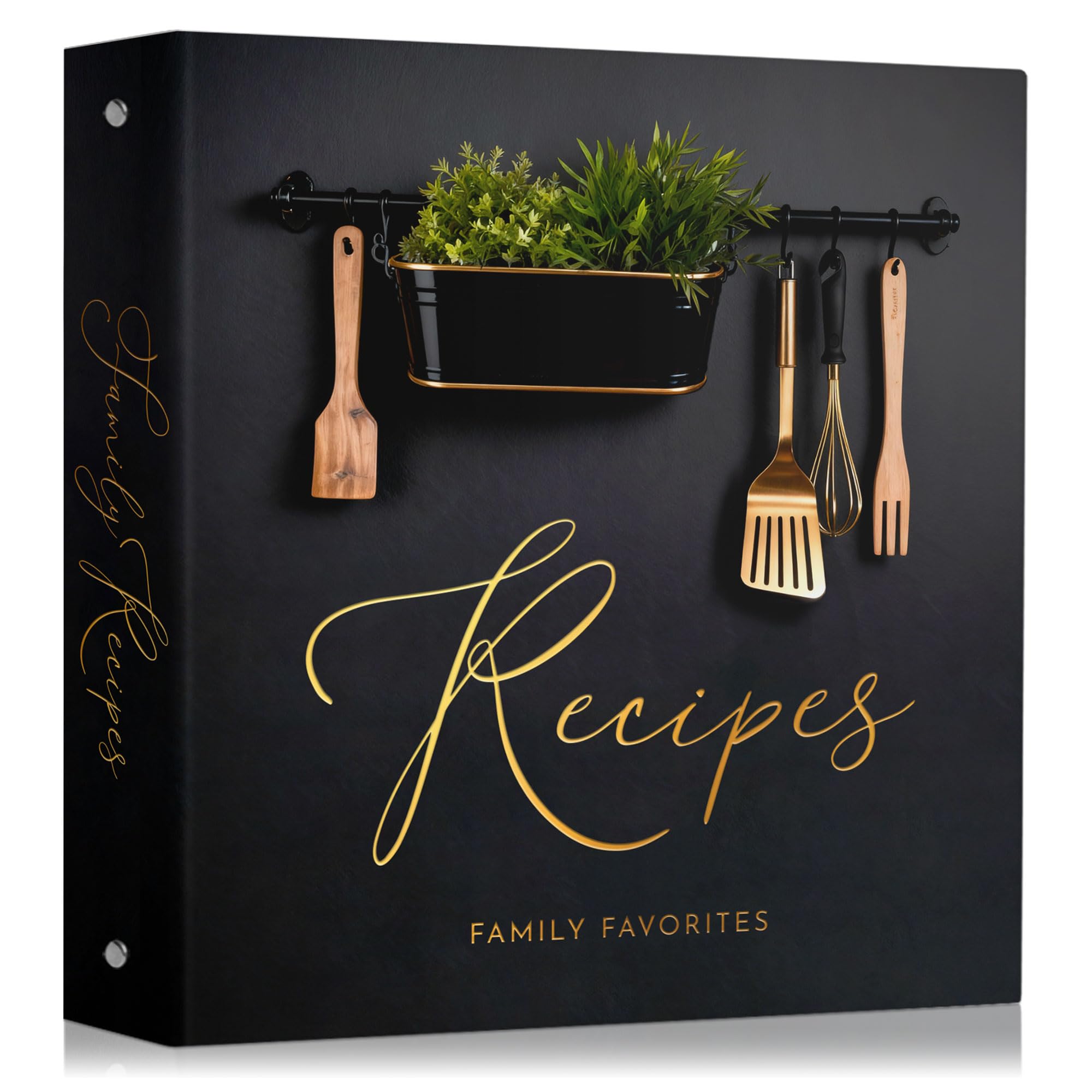 Carpeta de recetas familiares (11 x 12 pulgadas), carpeta organizadora de recetas de 3 anillos con fundas de plástico, tarjetas de recetas, separadores y caja de regalo (negro y dorado)