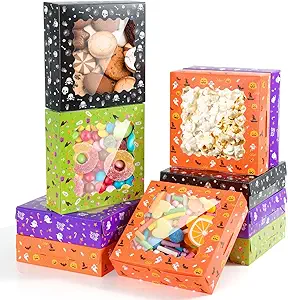 12 Pcs 7 x 7 In Halloween Cookie Treat Boxes with Window, Halloween Food Containers Bakery Boxes for Cupcake Donuts Candies Pies Gift Giving