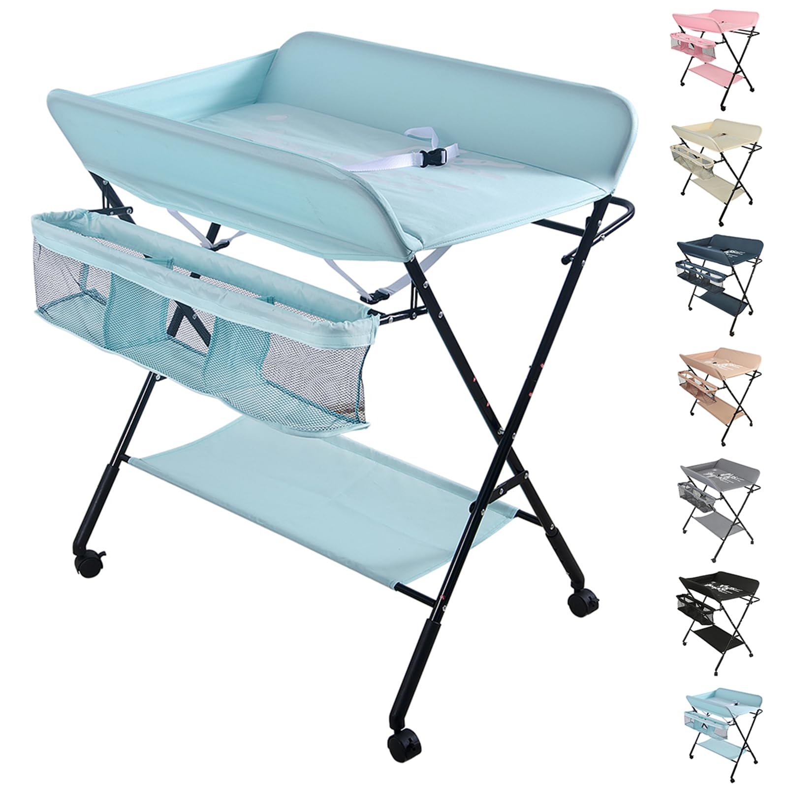 Homewell Comò fasciatoio, fasciatoio portatile, pieghevole, con fasciatoio, cintura di sicurezza, scomparti, motivo carino e indicazione dell'altezza, stabile e confortevole (luce blu)