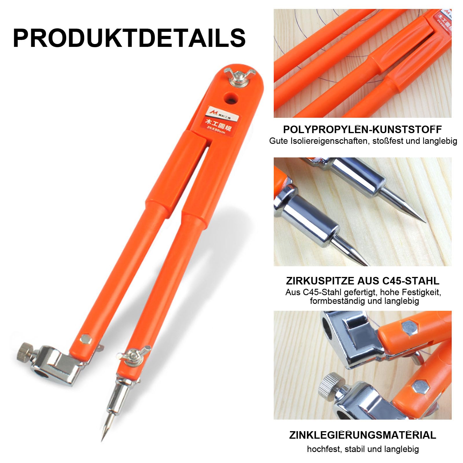 Zirkel, Zirkel mit Stifthalter, Zirkel Groß, Professioneller Tischlerzirkel, Einstellbar, Klarer Strich, für Holzbearbeitung, Geometriezeichnung (Orange)
