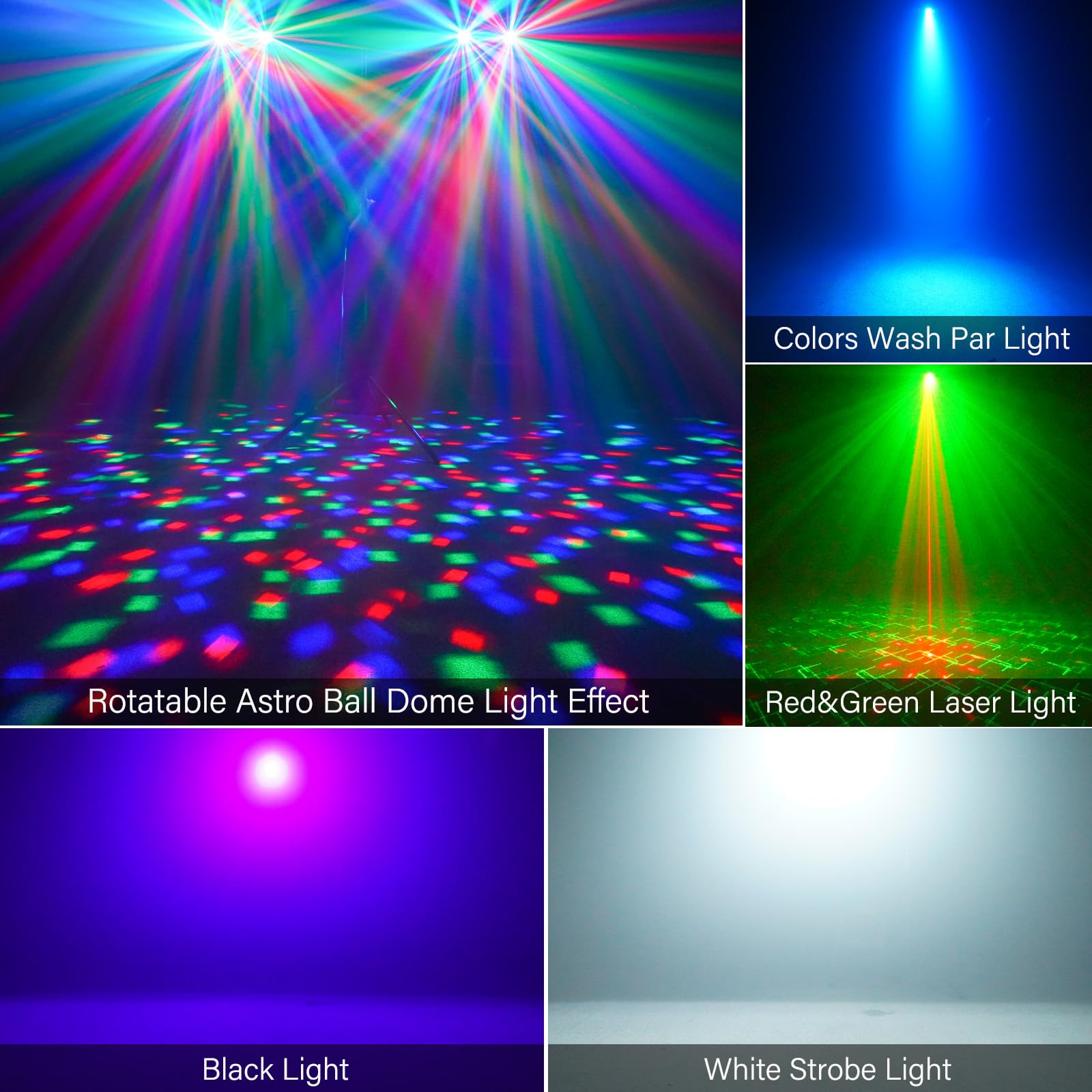 Telbum Luces de DJ con soporte, juego de luces de bar 5 en 1 con bola giratoria/estroboscópico/UV/LED colorido par y efecto de patrón, sistema de iluminación de DJ activado por sonido para discoteca