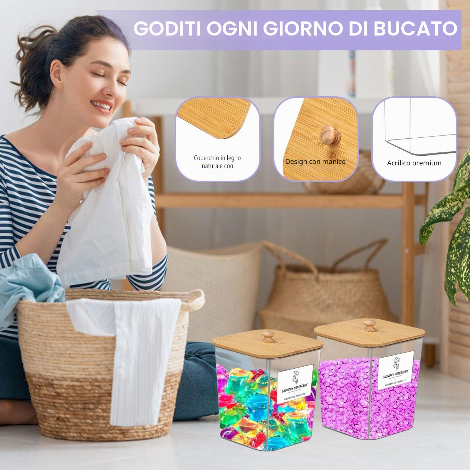 3 Pezzi Dispenser Detersivo Lavatrice, Contenitore Detersivo Polvere, con Coperchi Ermetici, Dosatore Detersivo Lavatrice per Bucato, 16 Etichette ＆ 2 Misurini, Barattolo per Bucato in Plastica