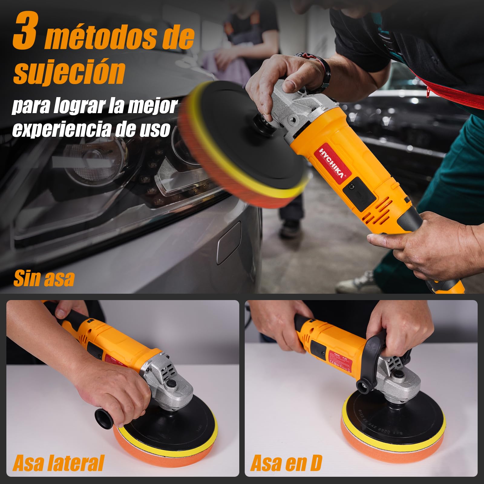 HYCHIKA Pulidora Coche 1580W, Pulidora Rotativa Con 6 Velocidades Control Variable, Pulidora Con Motor de Cobre Puro, con Almohadilla de Pulido de 180 mm, Kit Pulido Coche