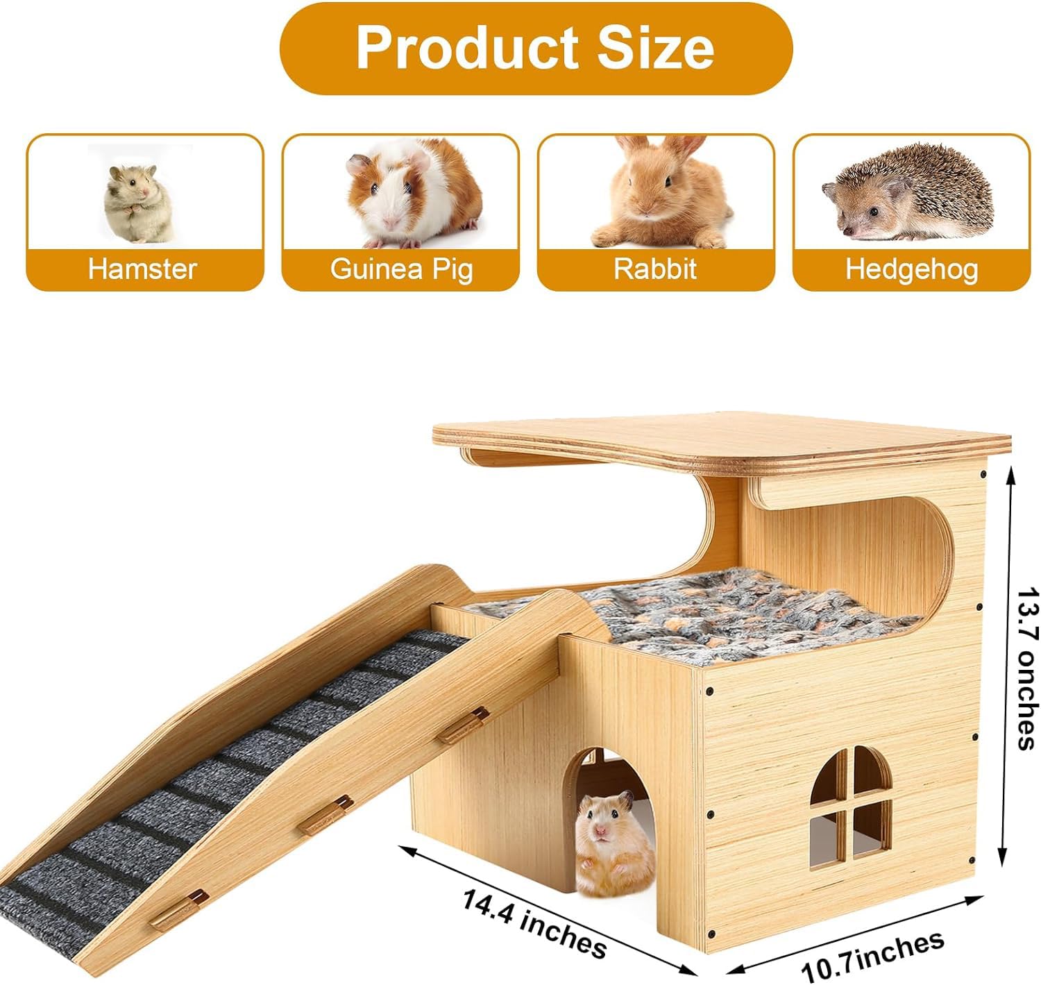 Verbessertes verdicktes Brett aus Holz für Meerschweinchen, Schloss – geräumiges und langlebiges kleines Haustierhaus mit Treppe und Matte für Meerschweinchen, Chinchillas, Ratten, Hamster
