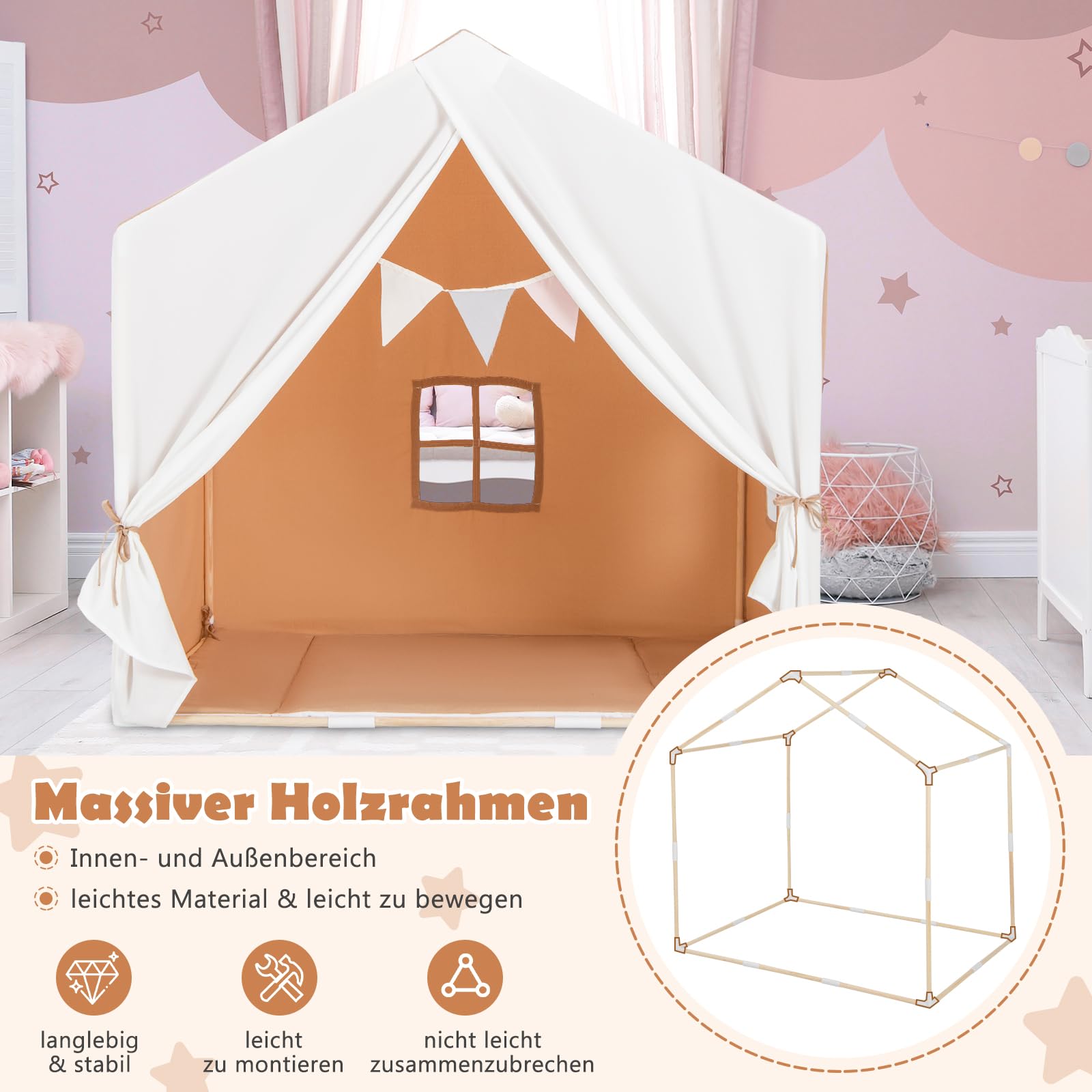 COSTWAY Kinderzelt mit Fenster & Matte & Holzrahmen, Kinder Spielhaus mit Vorhang & bunten Flaggen, Prinzessin Spielzelt für drinnen & draußen, Kinderspielhaus Kinderspielzelt für Jungen und Märchen