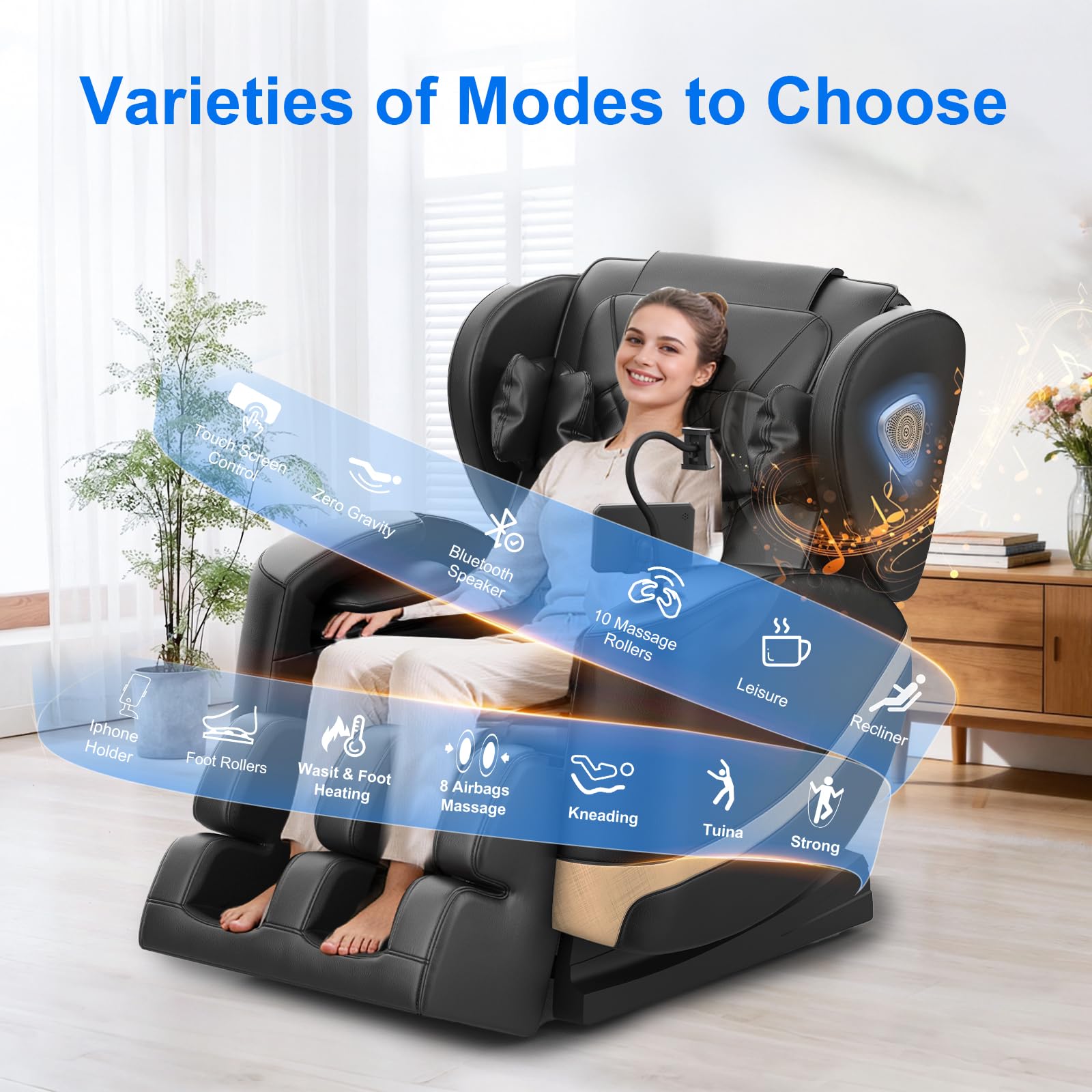 Massagesessel, Ganzkörper-Massagesessel mit Zero-Gravity, 14 Rollen und 8 Komfort-Airbags, Mit Heizfunktion für Taille und Beine Fußmassage, Bluetooth-Player und 2-in-1 Touchscreen (Schwarz)