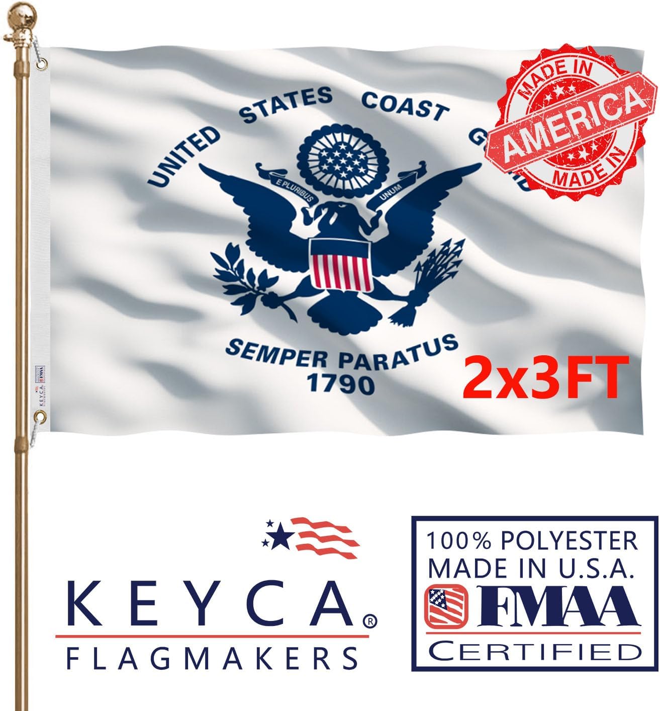 US Coast Guard USCG Flag 2x3 FT 100% Made in The USA-Heavy Duty Vibrant Colors Double Sided United States Coast Guard Flag with 2 Brass Grommets for Home/Company/Indoor Outdoor Decoration