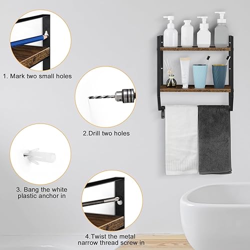 Miniatura 7 de Toallero con estante de pared de 2 niveles con ganchos para barra de toalla para baño, sala de estar, cocina, marrón