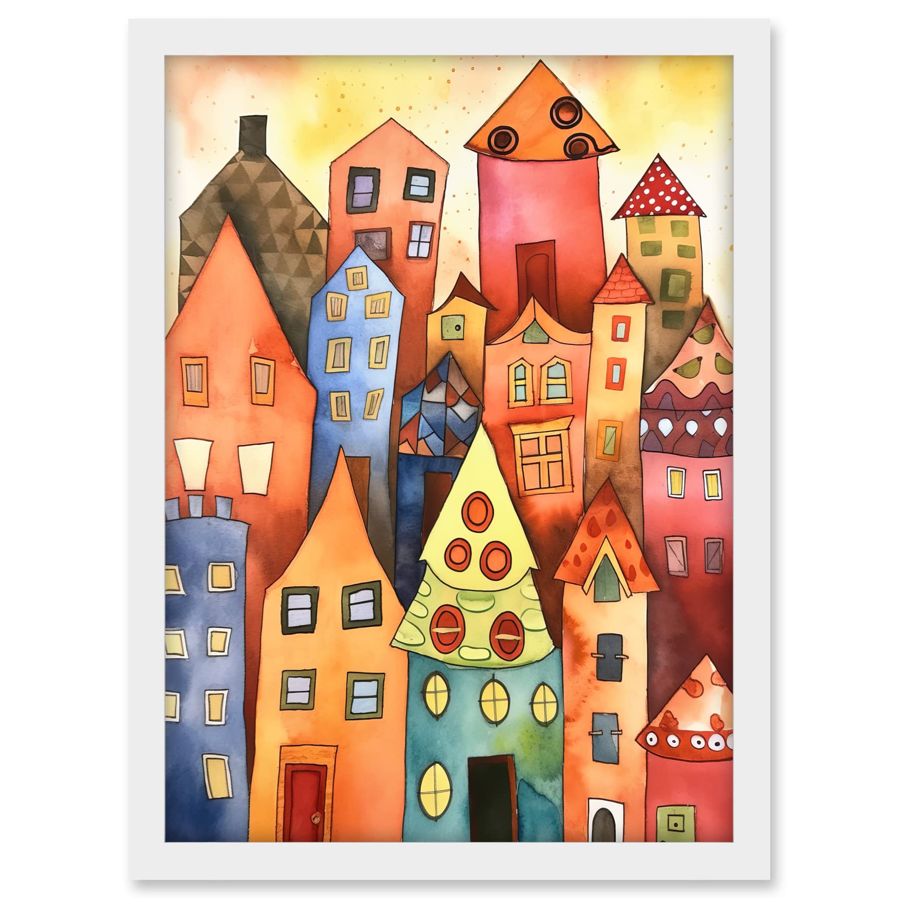 Artery8 Colourful Townscape Folk Art Watercolour Painting Artwork Framed A3 Wall Art Print