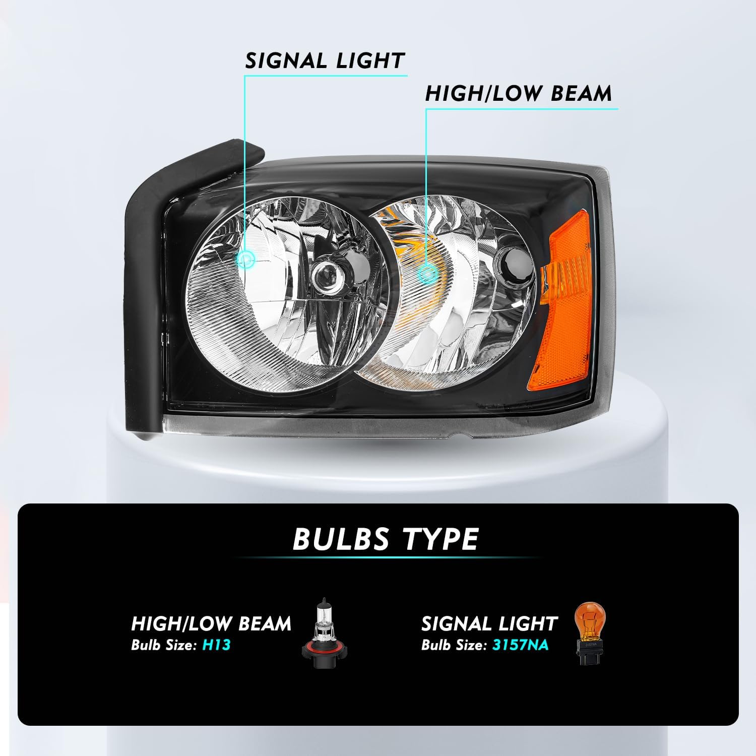 TUSDAR Headlight Assembly Compatible with 2005-2007 Dodge Dakota Halogen OE Replacement Headlamp Passenger and Driver Side Black Housing