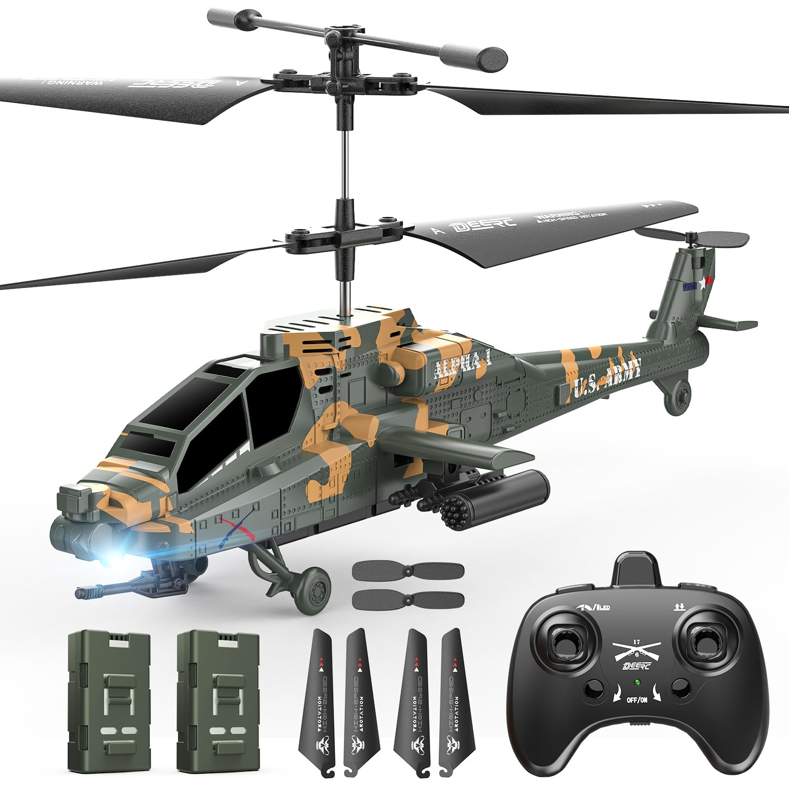 DEERC Helicóptero RC para Adultos y niños, helicóptero Militar Control Remoto 2.4 GHz, 2 baterías, 26 Minutos de Vuelo, Luces LED, retención altitud, despegue con una Sola tecla, Apto para Interiores