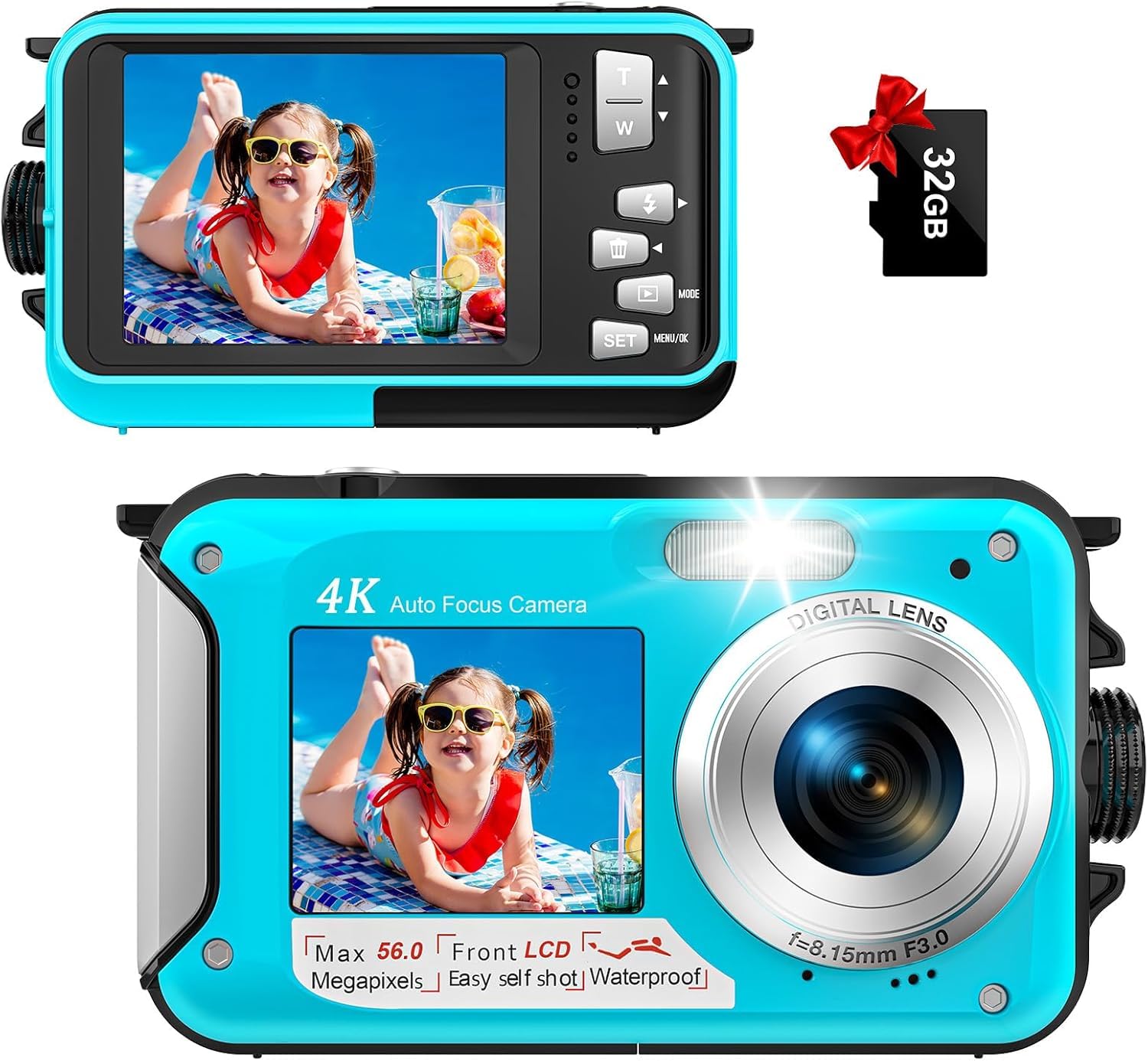 Appareil photo numérique sous-marin 4K 3,3 m étanche avec carte de 32 Go 56 MP Autofocus double écran Selfie pour la plongée avec tuba