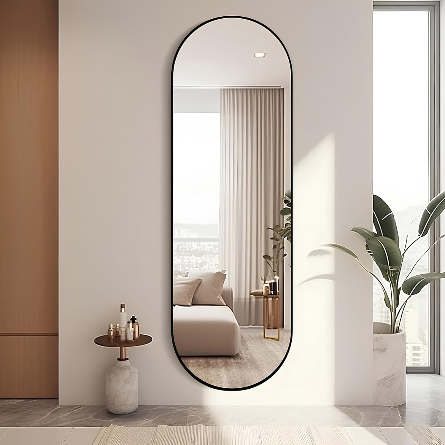 Arched Full Length Mirror Black, 65''x 22'' Oval Body with Metal Frame, Large Hanging Top for Bedroom, Living Room, Entryway, Bathroom 65x22 inch Black 65"L x 22"W