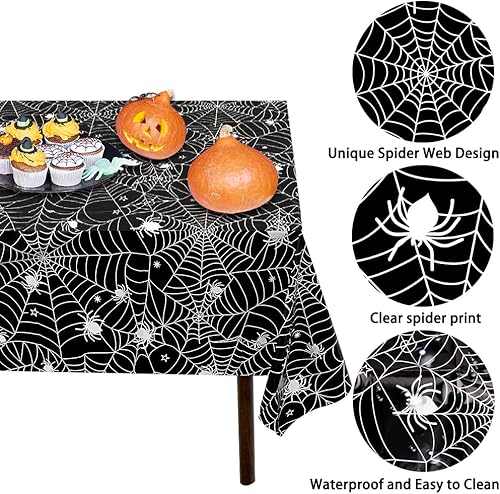 Miniatura 4 de YUJUN Paquete de 3 manteles de araña de Halloween, mantel de plástico impermeable de tela de araña, cubierta de mesa de explosión de estrella para