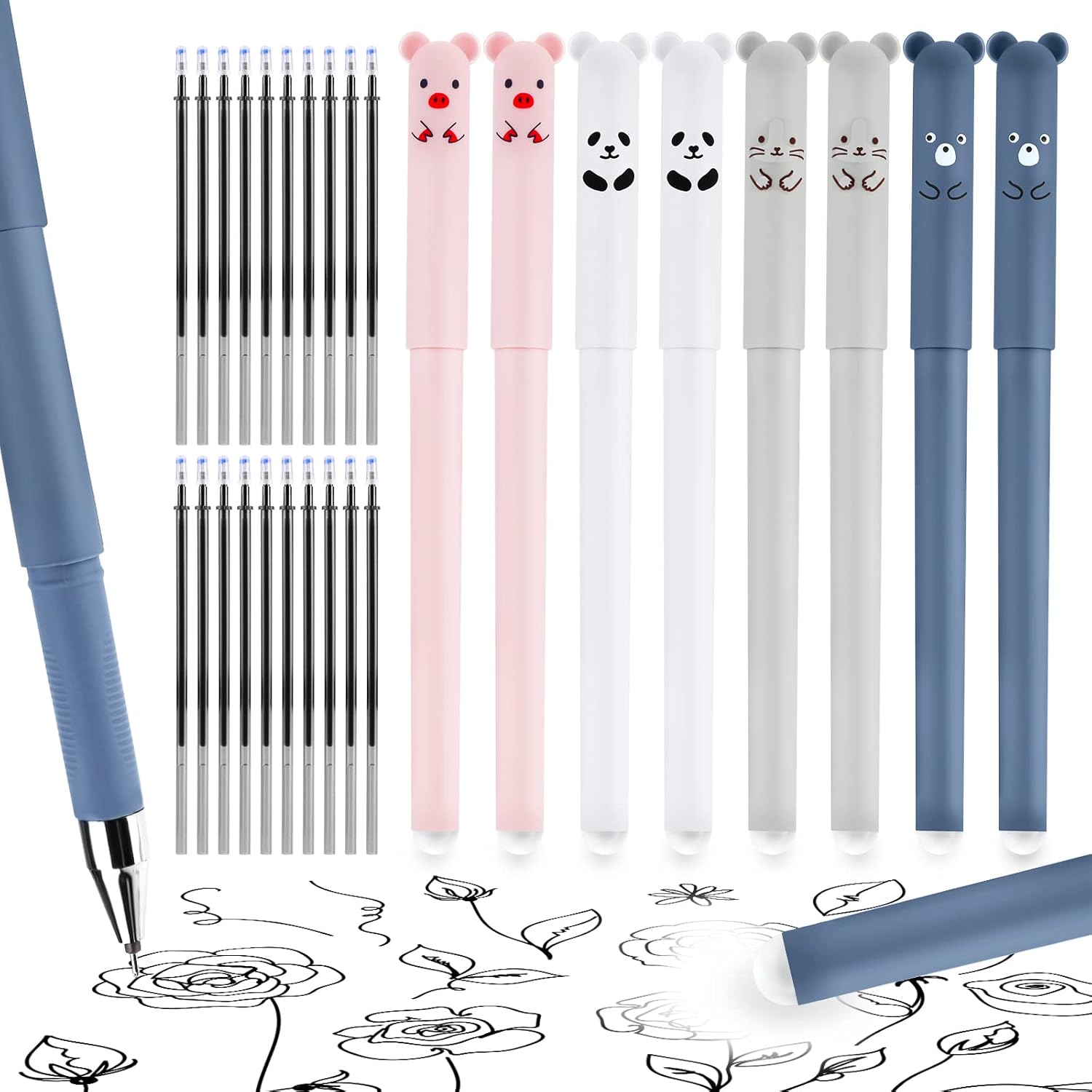 8 Pack Erasable Pens with 20 Pcs Erasable Refills, Cute Cartoon Animal