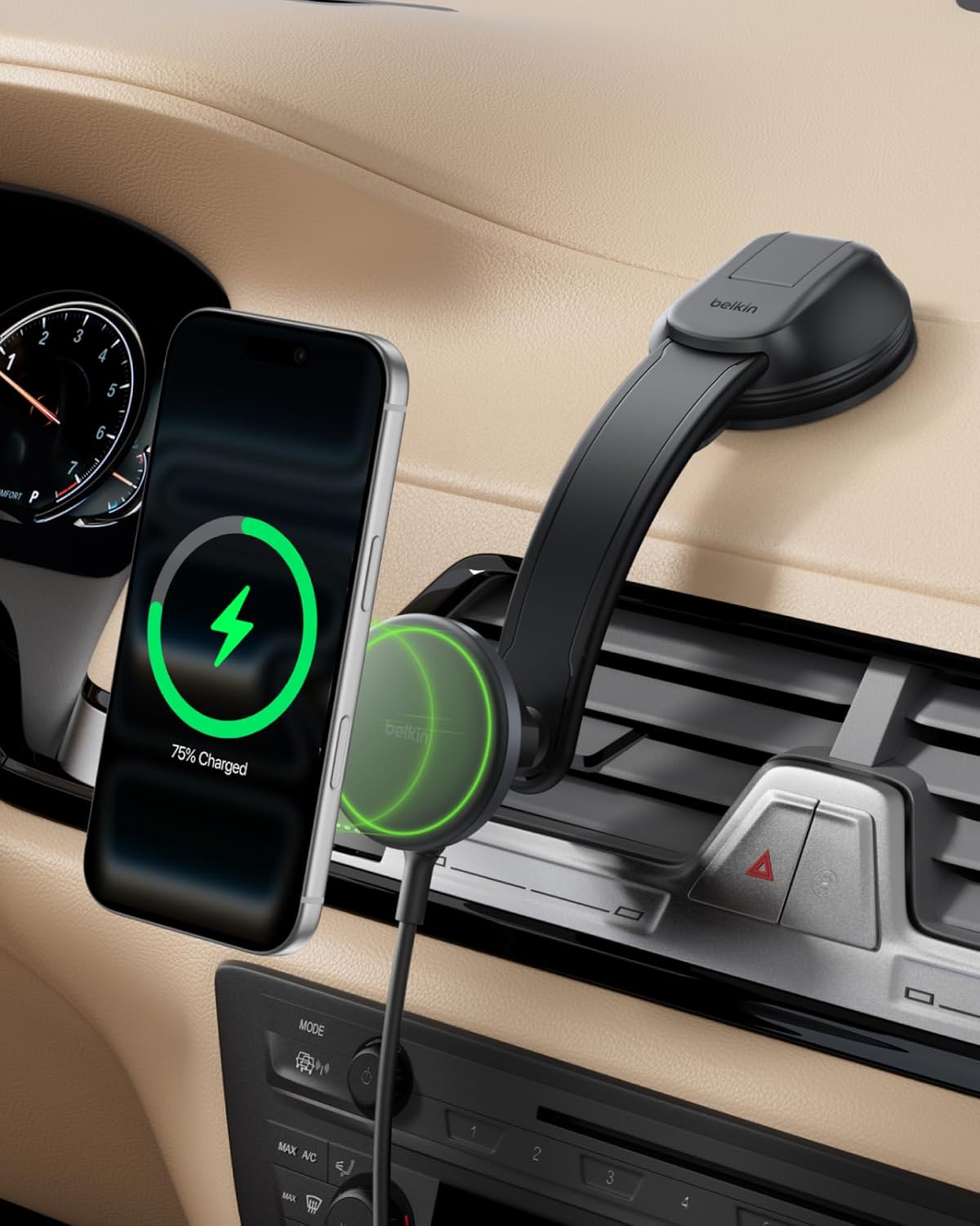 Belkin Wireless Car Charger Magnetic Car Dash Mount w 1M USB C Cable Qi2 MagSafe Compatible Fast Charging