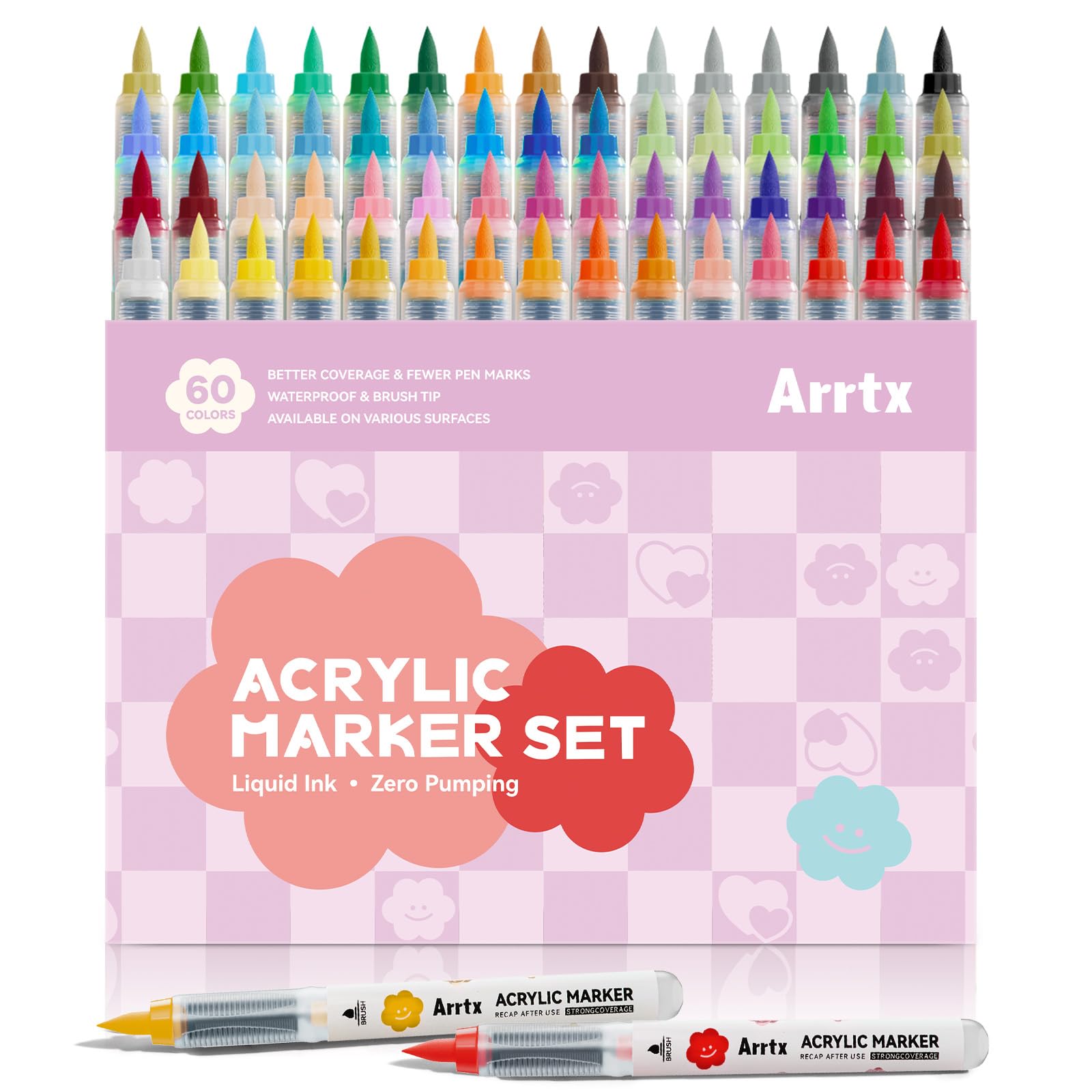 Arrtx Set di 60 matite acriliche con punta a pennello e grande capacità per pittura a pietra, vetro, legno, tela, ceramica, plastica – pennarelli acrilici per progetti artistici e disegni fai da te