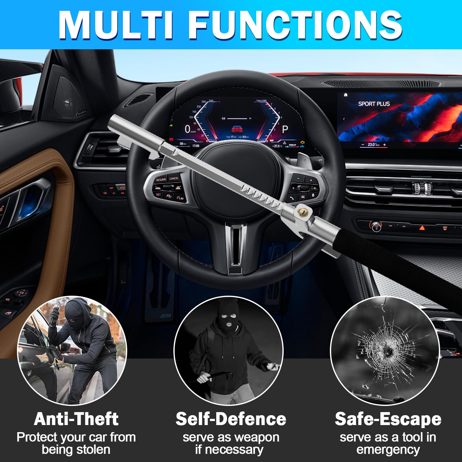 MONOJOY Steering Wheel Lock Universal Security Car Locks with Safety Hammer Heavy Duty Carro Wheel Locks Retractable Anti-Theft Prevention Device for Truck|SUV|Van Accessories, Black
