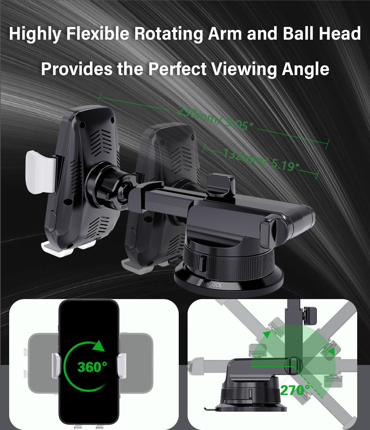 Wireless Car Charger Phone Mount,15W Fast Charging Car Phone Holder,50lb Suction Cup 3-in-1 Cell Phone Holder for Dash,360° Auto Clamp Compatible iPhone 17/16/15/14/13/12 Samsung S23/S22/S21/S20/S10+