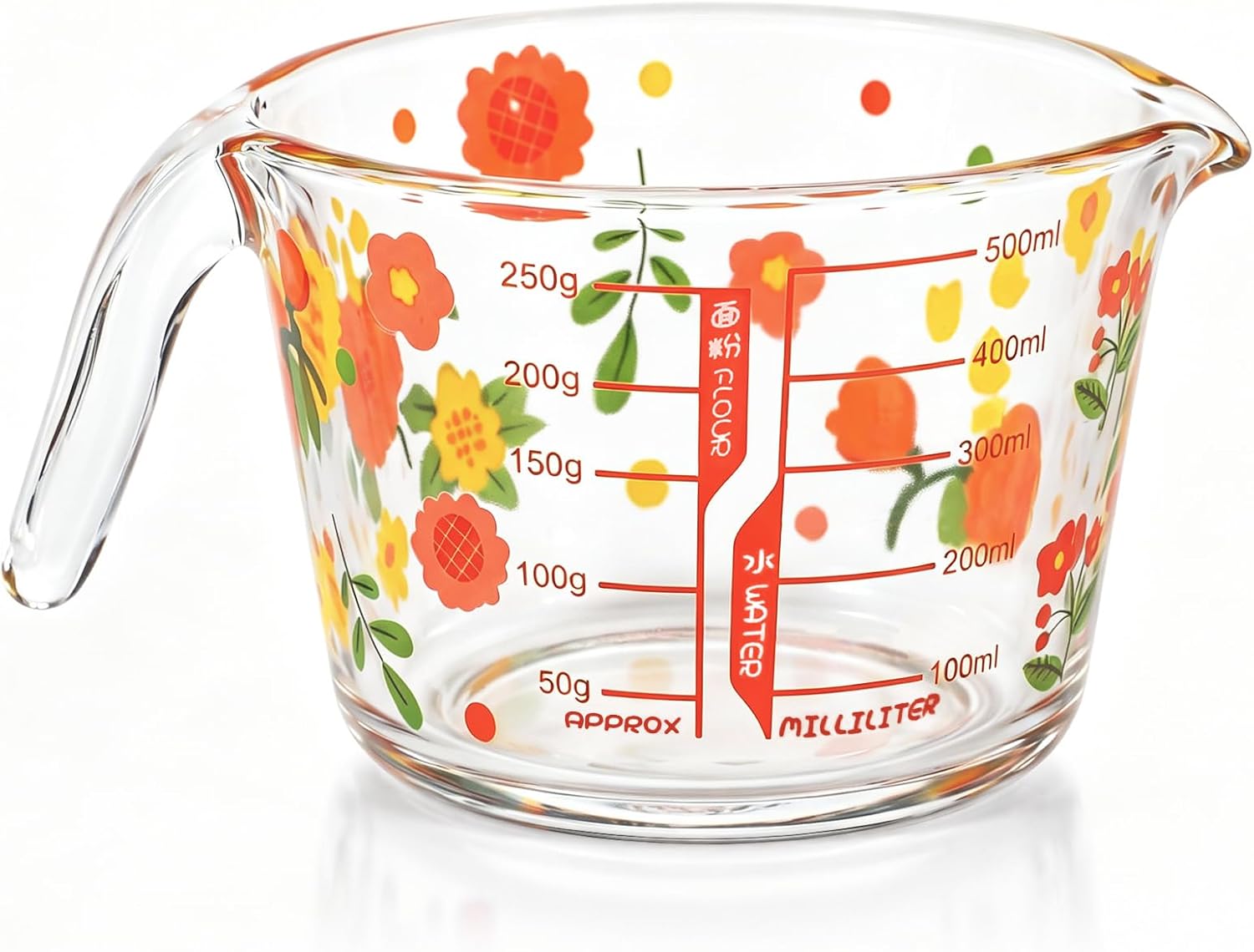 17 oz Flower Glass Measuring Cup with Handle, Cute Floral