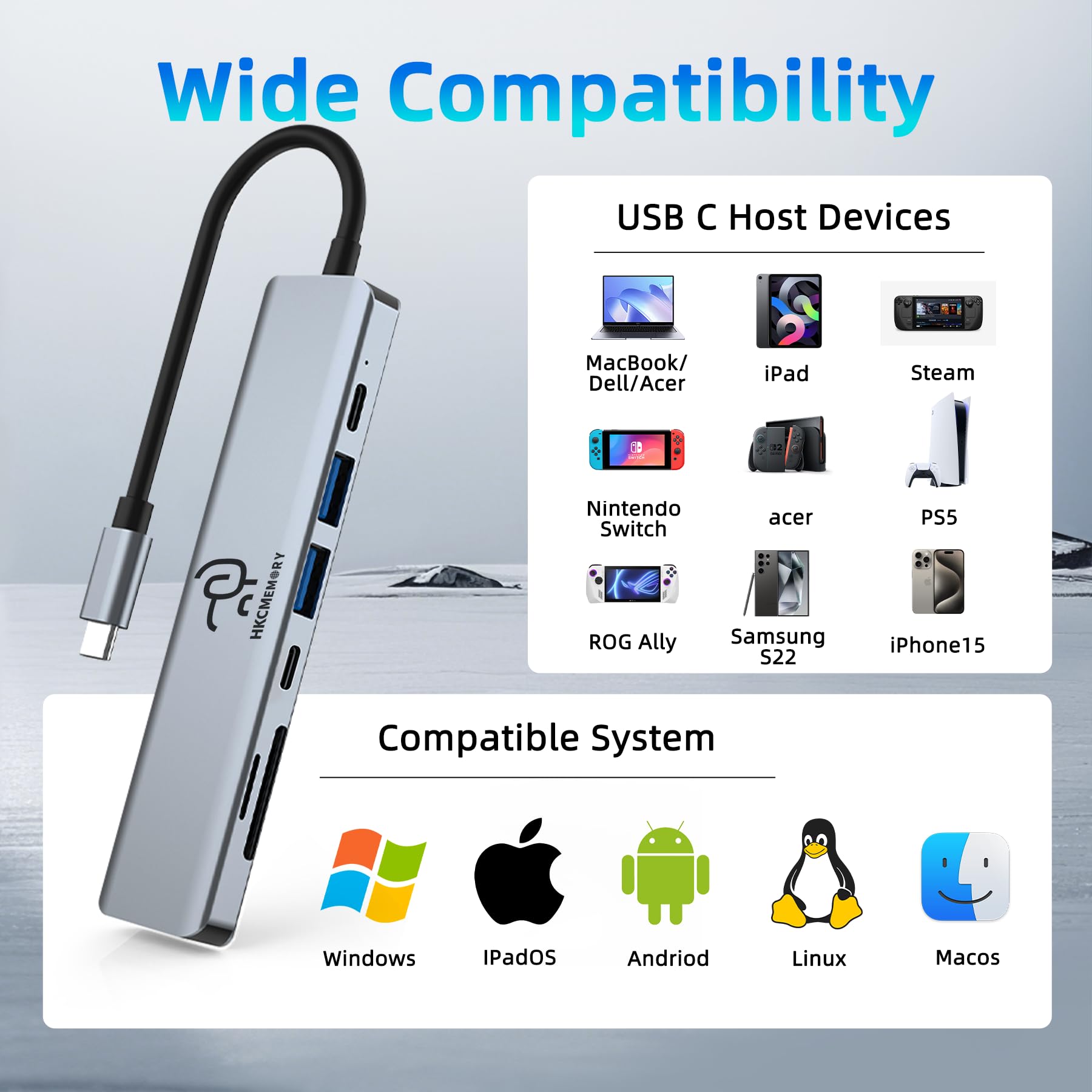 Hub USB C 7 w 1, 4K HDMI, ładowanie PD 100 W, porty USB 3.0/2.0, czytnik SD/TF, dane USB-C, do MacBook Pro/Air, iPad Pro, iPhone 16 Pro/Pro Max, Dell XPS, Steam Deck