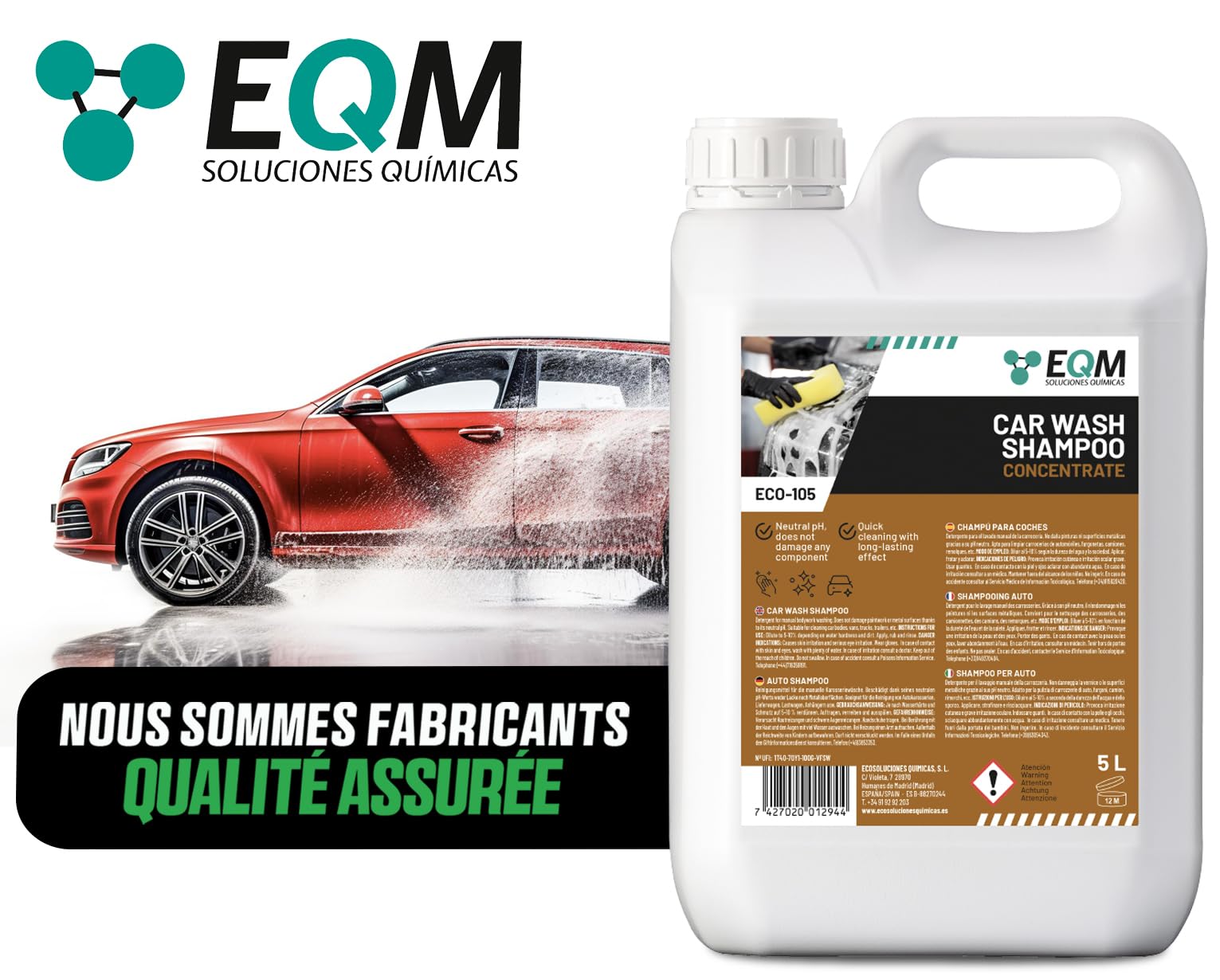 EQM - ECO-105 - Shampooing Concentré pour Voiture - 5L - Plus de 250 lavages - Nettoyage rapid et protection de peinture automobile grâce à son pH neutre