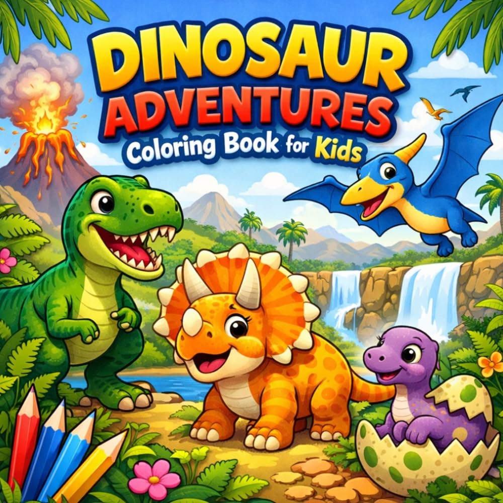 Dinosaur Adventures Coloring Book for Kids: Bold & Easy Dino Adventures – Cute, Fun & Exciting Prehistoric Coloring for Ages 4–8