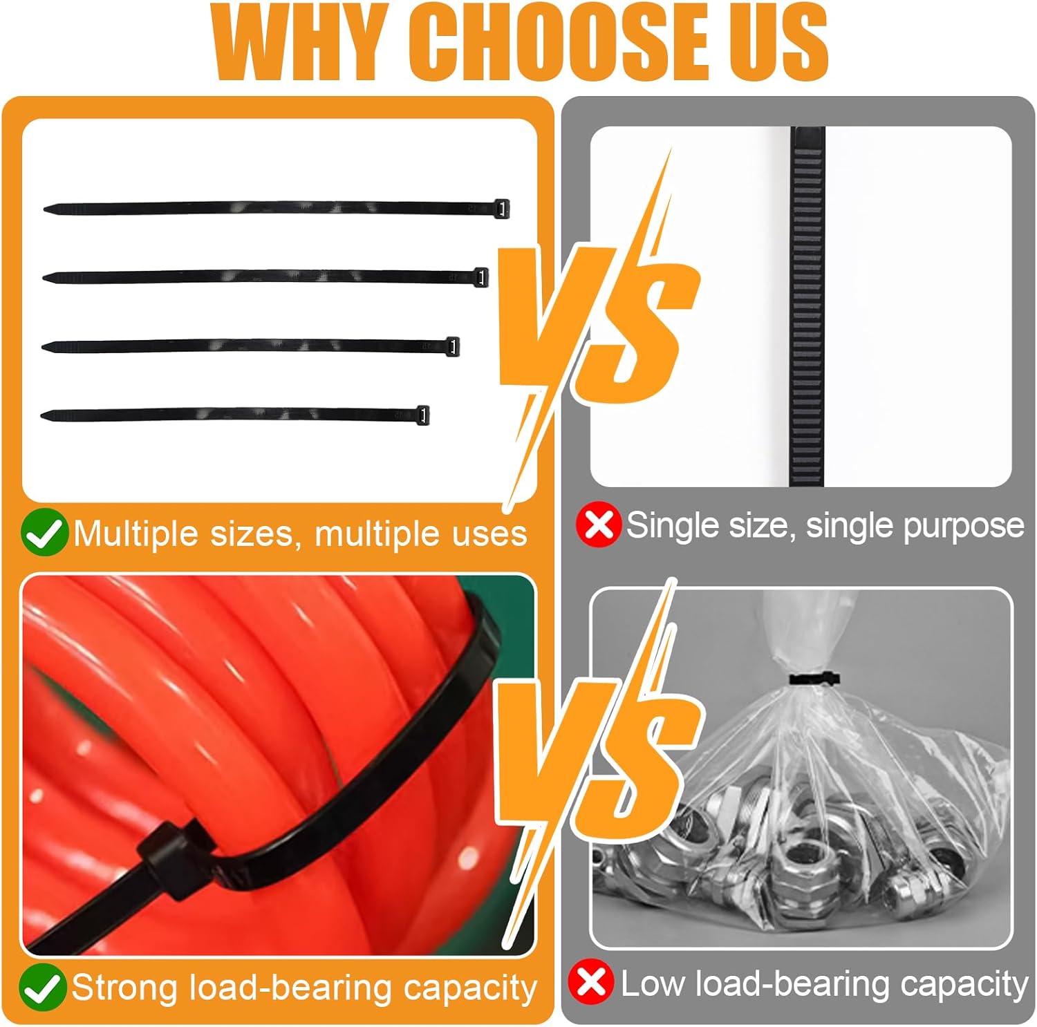 4''+6''+8''+10'' Zip Ties Assorted Sizes, 2000 Pack 60 LBS Black Cable Ties - Heavy Duty Nylon Wire Ties, Self-Locking, UV Resistant for Indoor/Outdoor Use