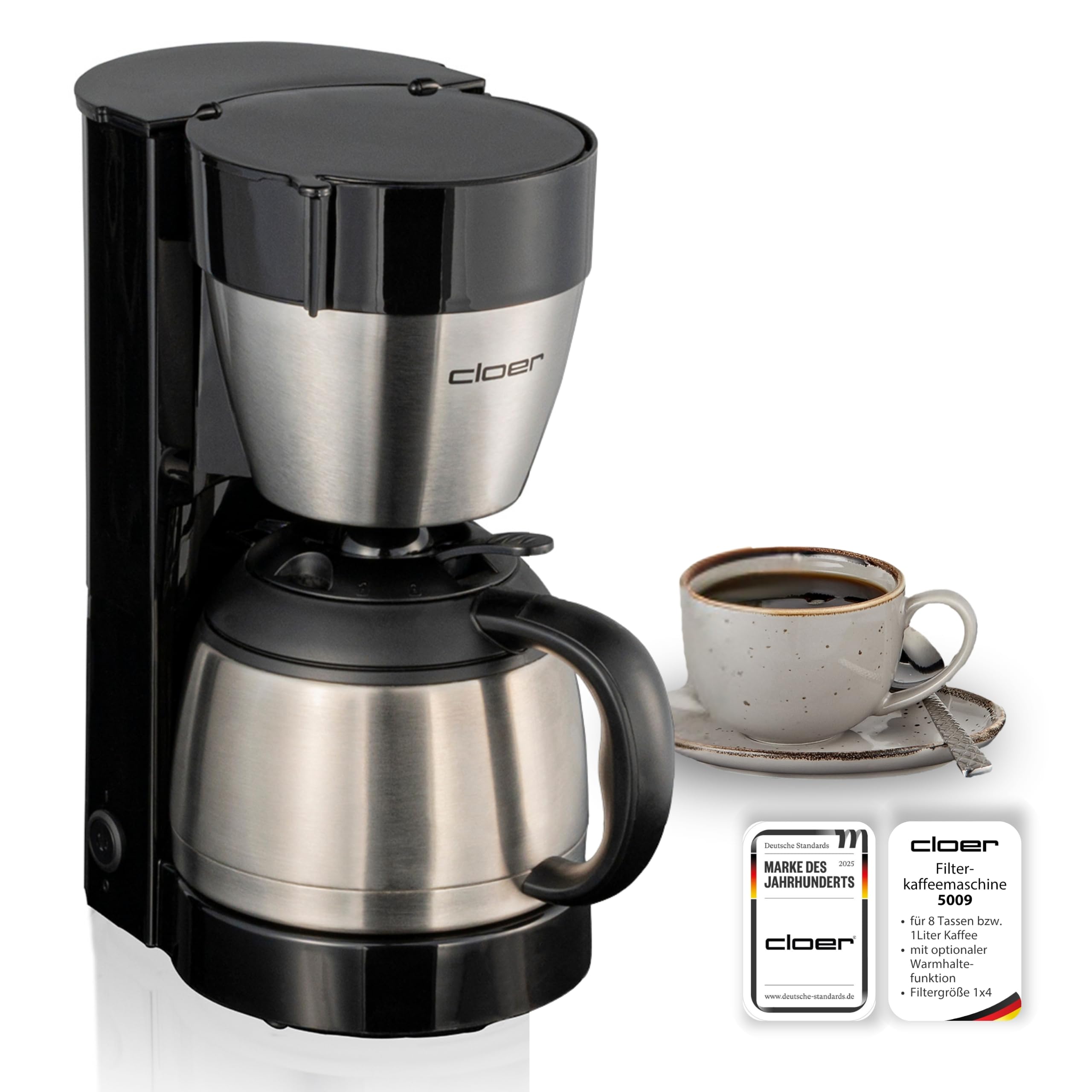 Cloer 5009 Filterkaffeemaschine für 8 Tassen, optionale Warmhaltefunktion, Tropfstopp & Auto-Off, Isolierkanne, Filtergröße 1x4, Edelstahl, schwarz 800 W