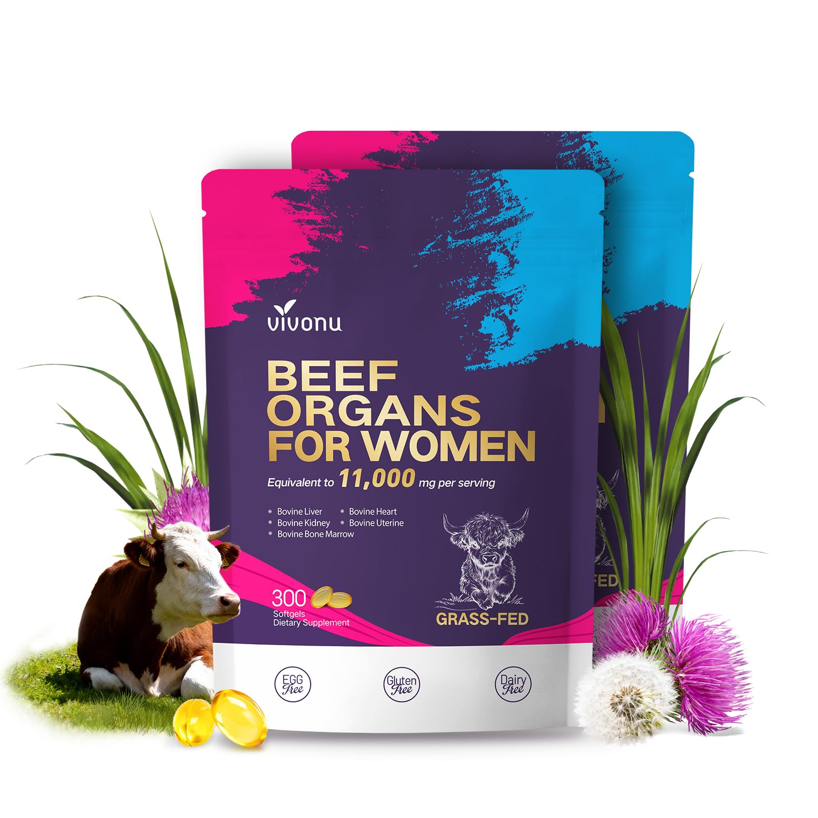 VivoNu Beef Organ Supplement for Women, 400 Day Supply, 11000mg per Serving Beef Organs with Bovine Liver, Ovary, Uterus, Kidney, Heart, Bone &amp; More, 100% Grass Fed, Balance Hormones, Energy