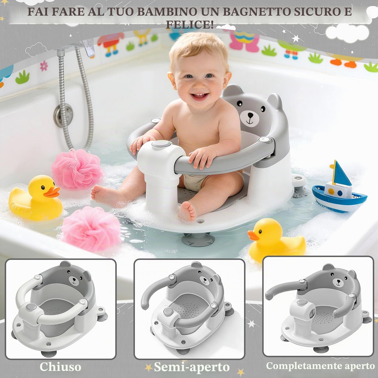 Seggiolini Per Bagnetto, Seggiolino Doccia Neonato, Seggiolino Da Bagno Antiscivolo Per Bambini A Partire Da 6 Mesi, Protezione A 360°, Per Doccia O Vasca Da Bagno (Grigio)