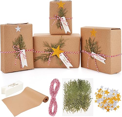 Cholemy Papel de regalo de Navidad con ramas de pino de la naturaleza, papel kraft simple de Navidad, cuerda de algodón, calcomanías de estrella,