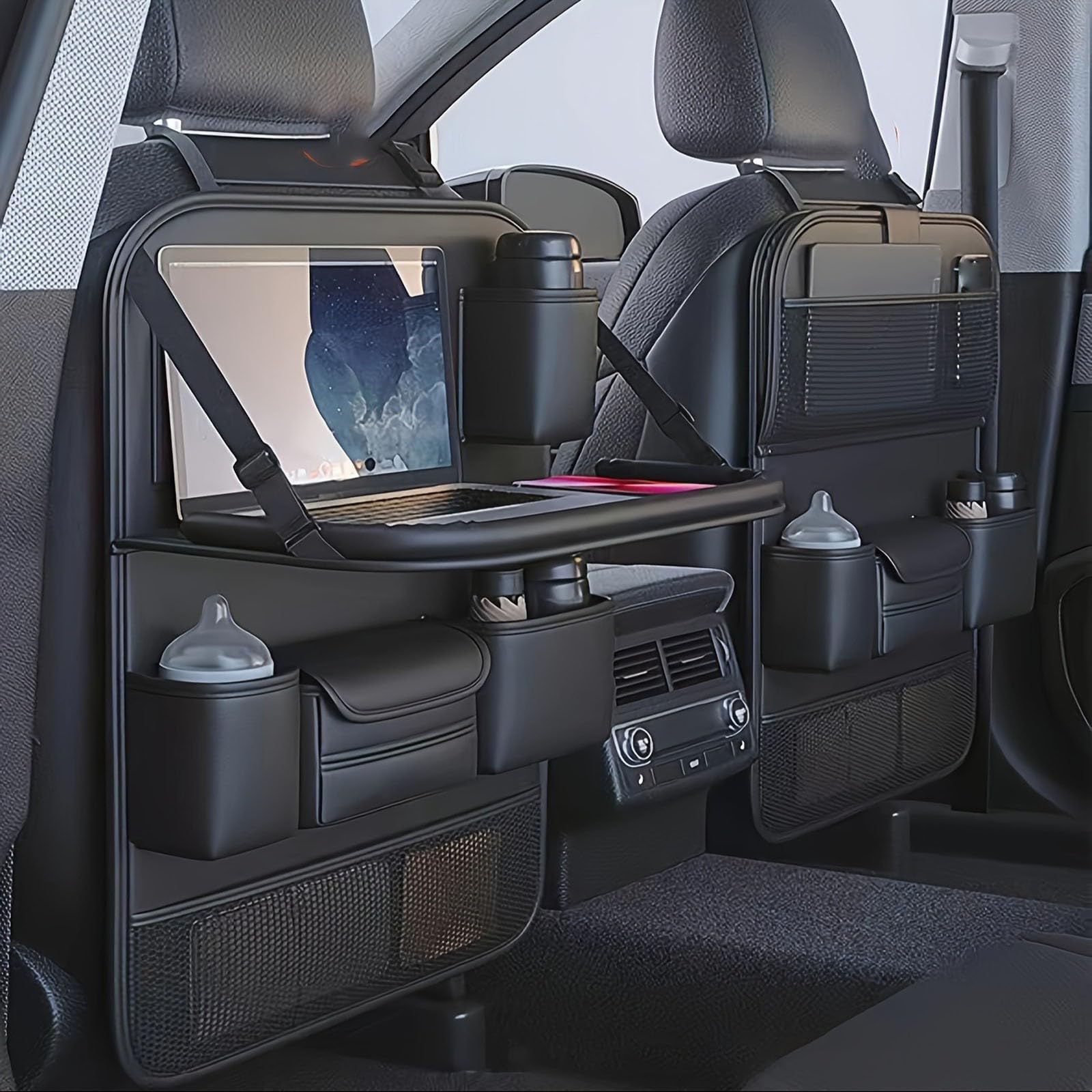 2 Pack Leather Car Backseat Organizer with Foldable Table Tray, Car Storage Organizer with Tablet Holder, Car Seat Back Protectors Kick Mats Travel Accessories, Universal Fit for Most Cars (Black)