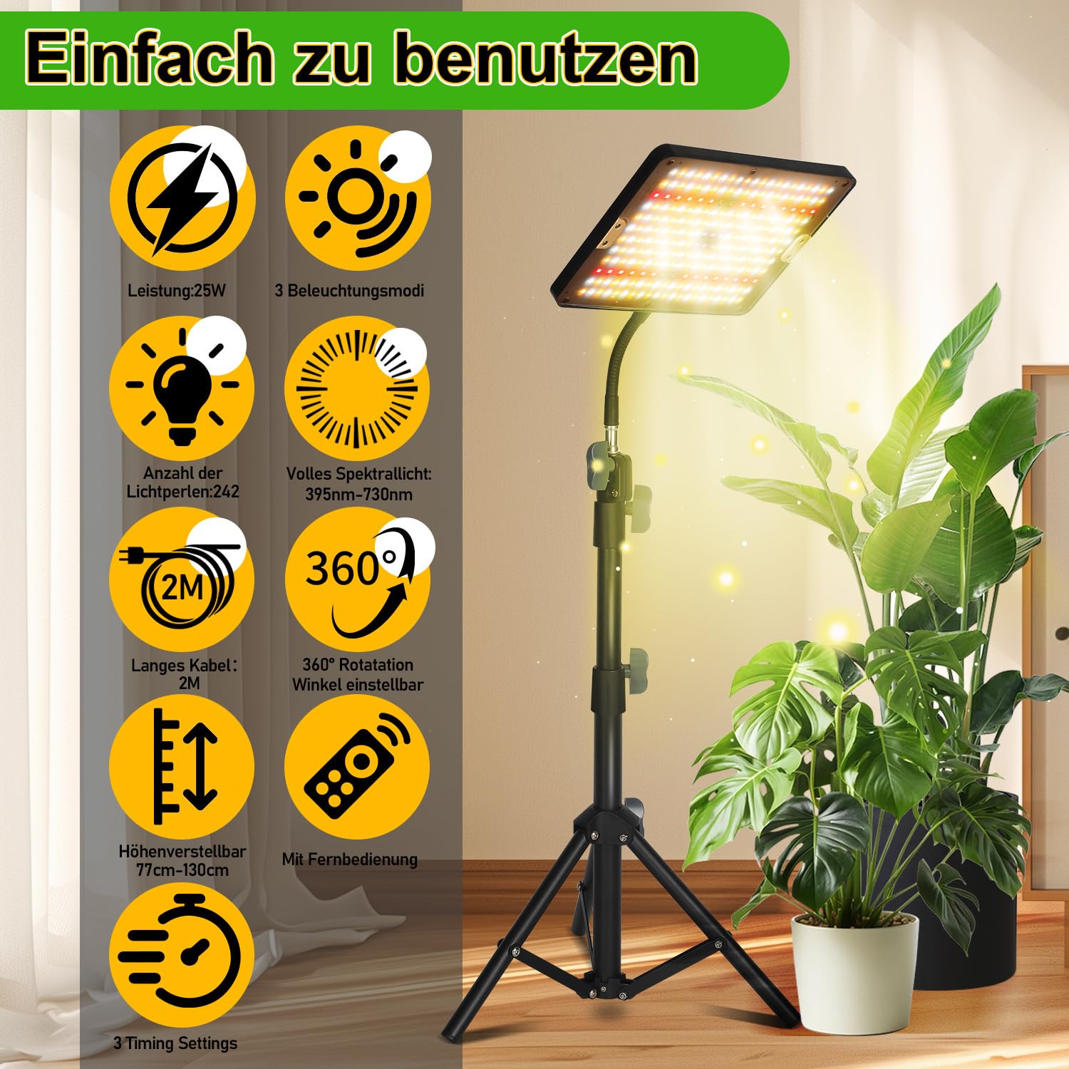 Lampa do roślin LED pełne spektrum ze stojakiem, 25 W, regulacja wysokości, 3 tryby pracy, timer, pilot zdalnego sterowania do roślin pokojowych, 2 sztuki