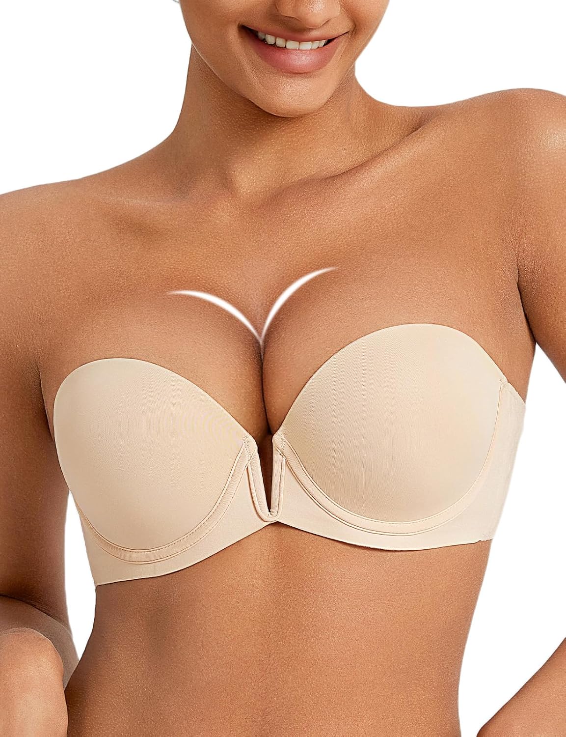 Strapless Push Up Bras for Women Deep Plunge Thick Padded Add 1 Cup Underwire Bra Beige 38A