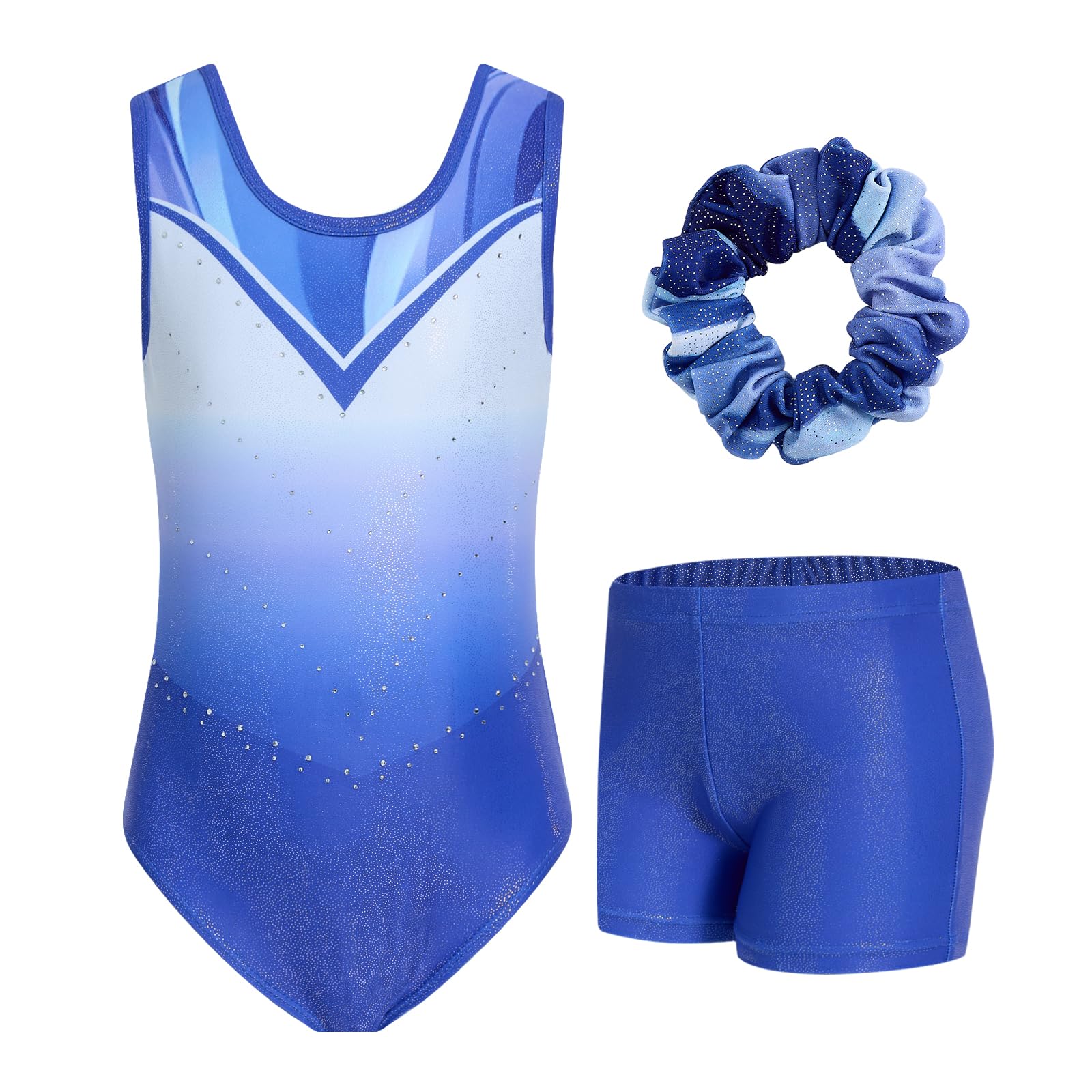 JiAmy Turnanzug Mädchen Ärmellos, Kinder Glitzer Gymnastik Turnanzug Leotard mit Shorts und Haarband, Gymnastikanzug Turnbody Ballett Tanzender Ballettanzug für 3-12 Jahre